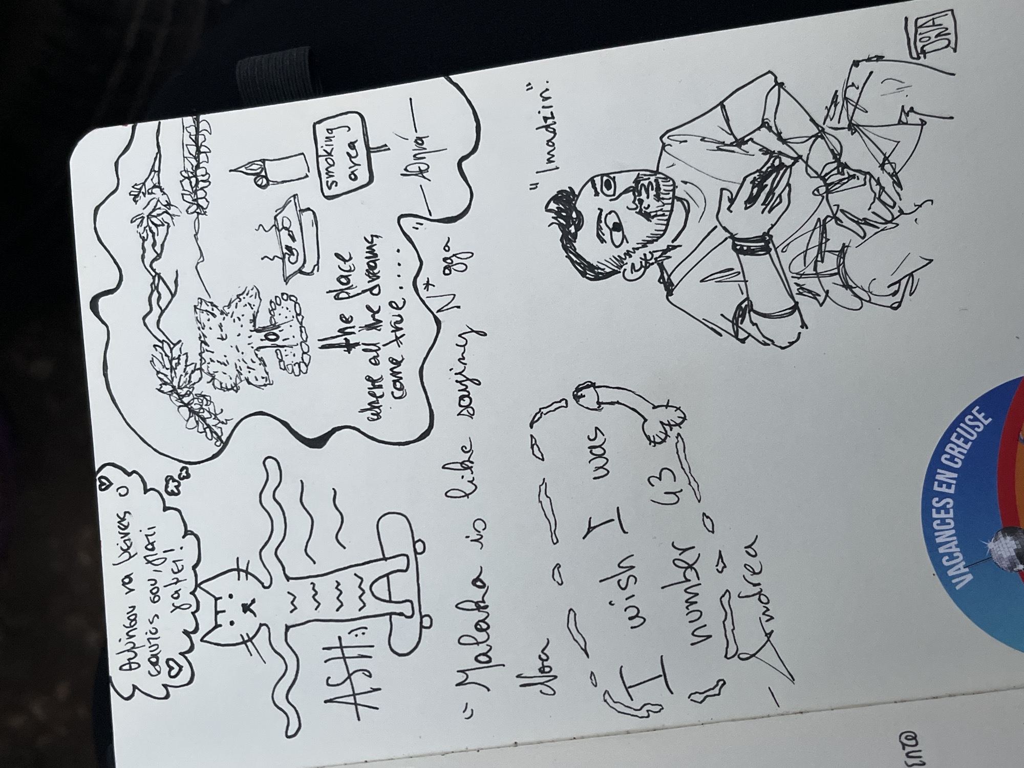The image shows a sketchbook with several drawings. At the top left, there is a drawing of a cat with a speech bubble containing Greek text. Next to it, there's a drawing of a campsite with a fire pit, a smoking area sign, and a cigarette lighter, with text below that reads "the place where all the dreams come true.....". Below the campsite drawing, there is a speech bubble with Greek text. In the middle of the page, there are handwritten phrases in English. On the bottom right, there is a sketch of a man with a beard, and text in English. There is also a sticker at the bottom left with text and an image of a disco ball. The sketchbook appears to be open on a dark surface, possibly a piece of clothing. There is no information about the location in the city of Municipal Unit of Koutsopodi, Greece.