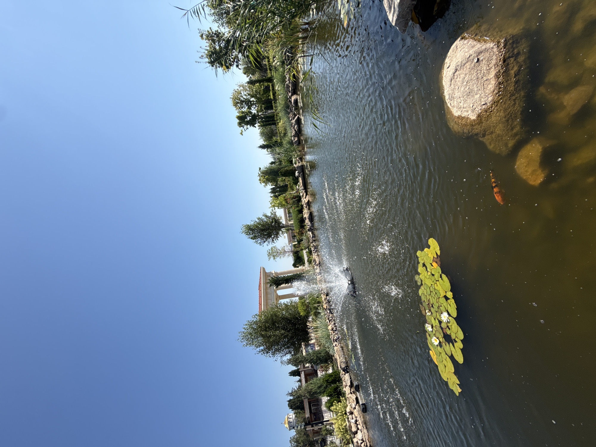 A wide-angle, eye-level shot captures a tranquil pond on a clear, sunny day, located in Sevastopol, Ukraine. The pond features a fountain in the center, spraying water upwards, and a cluster of lily pads with white flowers. A single koi fish with orange and black markings swims near the surface. The pond is surrounded by rocks and lush greenery, with a few trees in the background. In the distance, a classical-style building with white columns and a red-tiled roof is visible, along with a golden-domed building. The sky is a clear, vibrant blue.