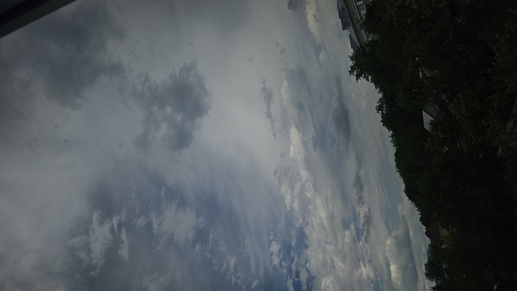 The image depicts a dark, cloudy sky over a landscape of trees and buildings. The sky is filled with various shades of gray and white clouds, with some patches of blue peeking through in the lower left portion of the frame. The clouds appear to be moving, casting shadows and creating a dramatic atmosphere.
The landscape below the sky is densely covered with trees, forming a thick green canopy that obscures much of the ground. Several buildings are visible amongst the trees. On the right side of the image, a multi-story building with a light-colored facade and windows can be seen. In the middle of the image, several smaller structures with pitched roofs are nestled within the trees. The overall scene suggests a residential area, possibly on the outskirts of a city, given the mix of natural and urban elements. The lighting is dim, indicating either an overcast day or late evening.