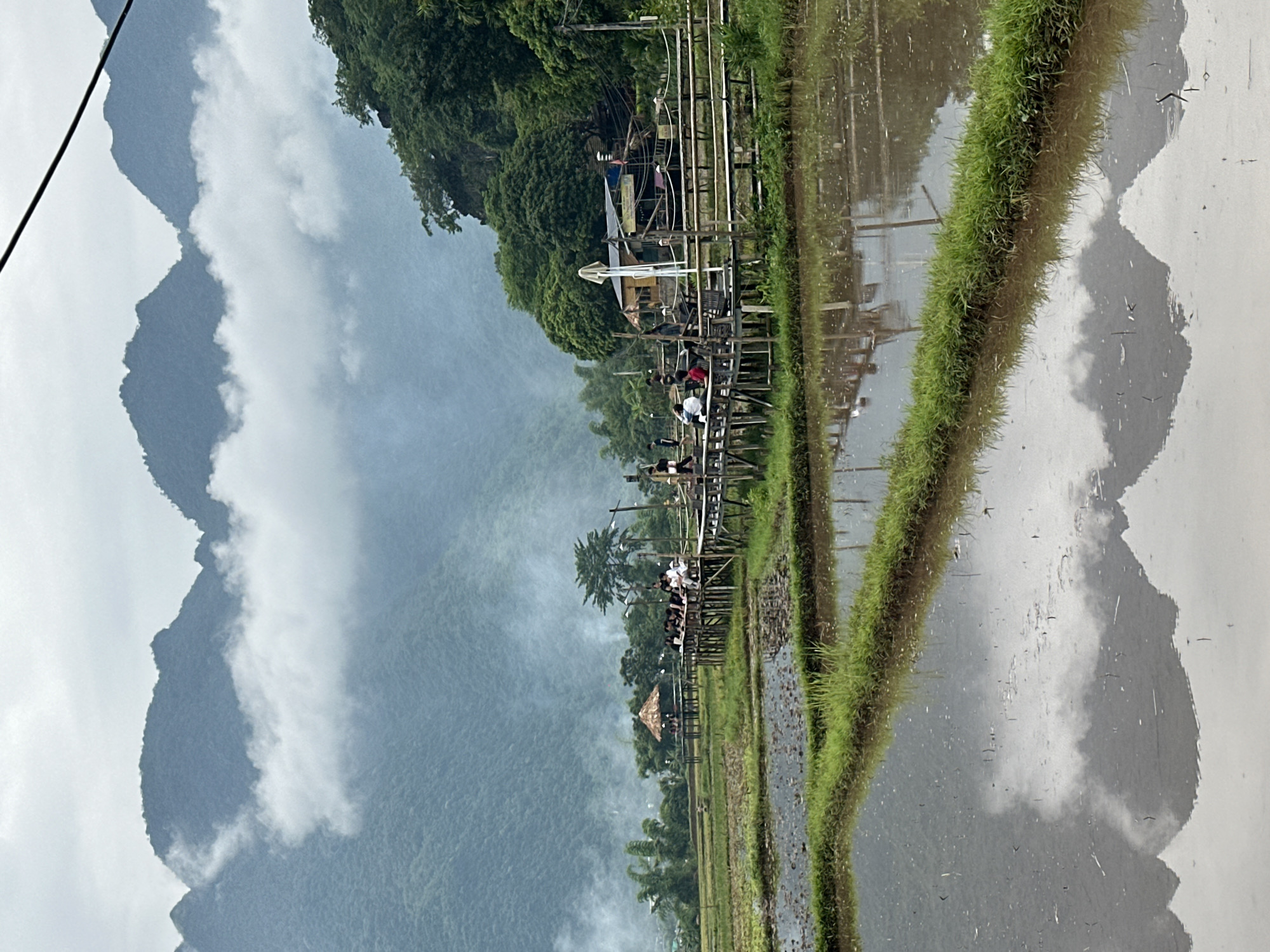 The image depicts a scenic view in Mai Chau, Vietnam, featuring lush green rice paddies in the foreground, partially flooded and reflecting the overcast sky and distant mountains. A wooden walkway, bustling with approximately a dozen people, traverses the rice fields, leading to a small thatched-roof hut and a cluster of buildings in the mid-ground. The background is dominated by verdant, mist-shrouded mountains, characteristic of the Mai Chau landscape. Wisps of smoke rise from the fields or nearby areas, adding to the atmospheric quality of the scene. The overall impression is one of rural tranquility and natural beauty.