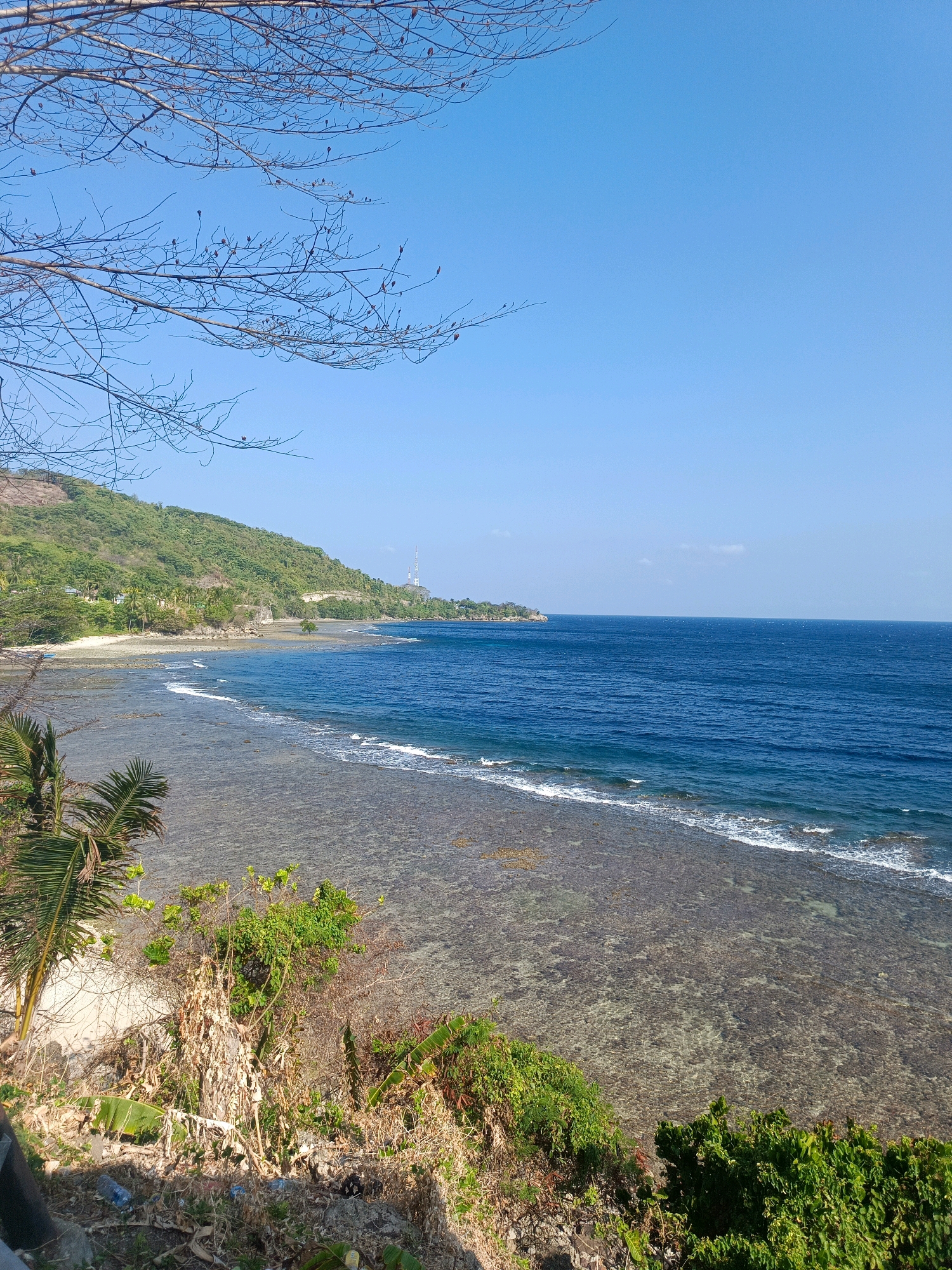 The image depicts a scenic coastal view in Bukit Hijau, Indonesia. The foreground features a dense collection of dry, thorny vegetation and a few palm fronds, with some plastic bottles and debris scattered on the ground. A path or road is visible on the far left. Beyond this, the coastline unfolds with a sandy beach interspersed with rocks and shallow, clear water revealing the seabed. This transitions into a deeper, blue ocean that stretches to the horizon under a clear, bright blue sky. In the mid-ground, a lush green hillside rises, dotted with trees and a few scattered buildings. Further along the coast, a tall transmission tower is visible on the higher slopes of the hill. The overall scene is one of a natural tropical landscape with signs of human presence and occasional man-made structures.