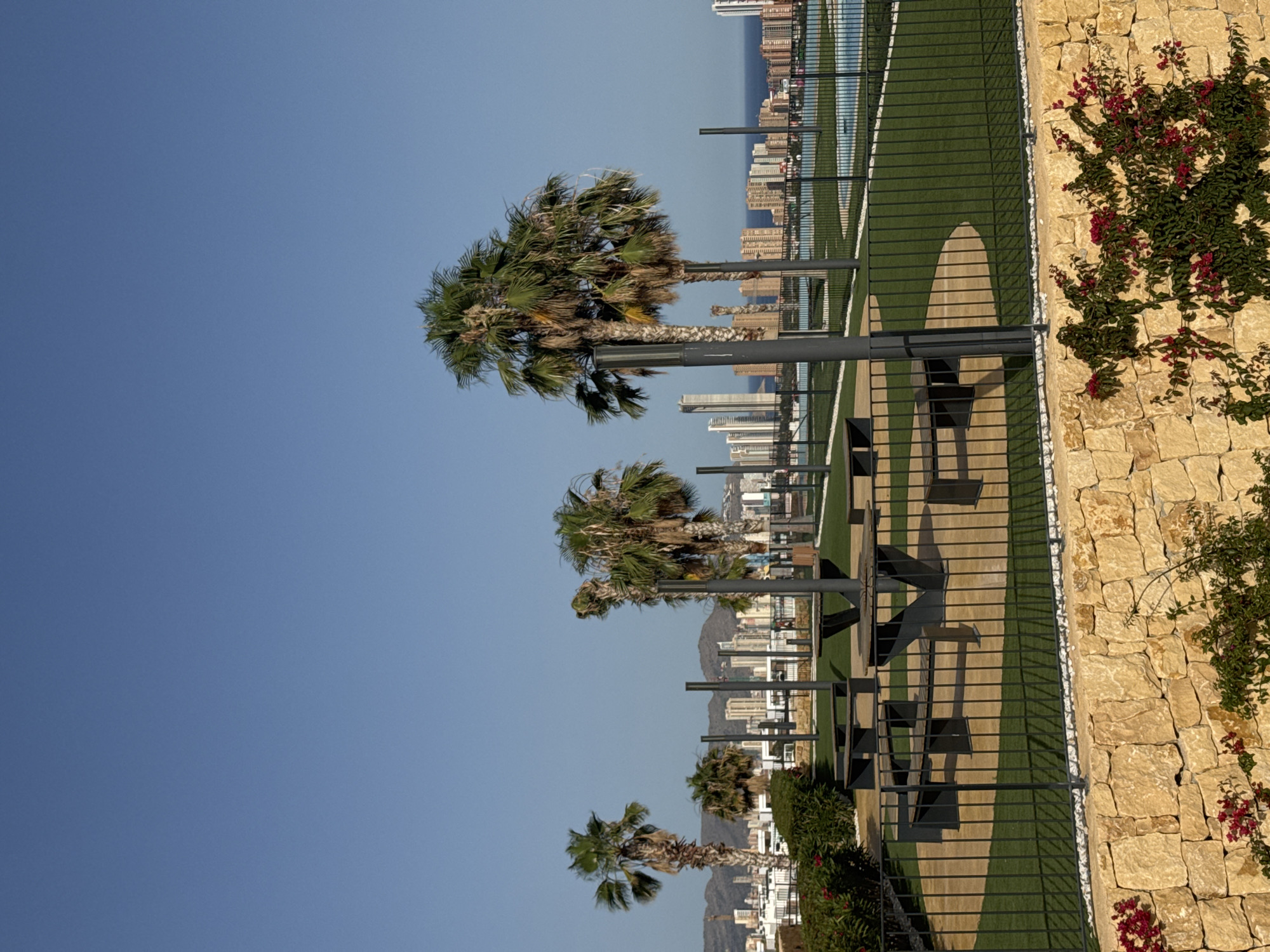 The image depicts an outdoor park area with picnic tables and benches set on artificial turf. In the background, a cityscape with numerous tall buildings is visible, situated by the sea. Several palm trees are scattered throughout the park. The area is enclosed by a dark metal fence. In the foreground, a stone wall with flowering vines runs horizontally across the bottom of the frame. The sky is clear and blue. The scene suggests a recreational area within or overlooking a coastal city in Finestrat, Spain.