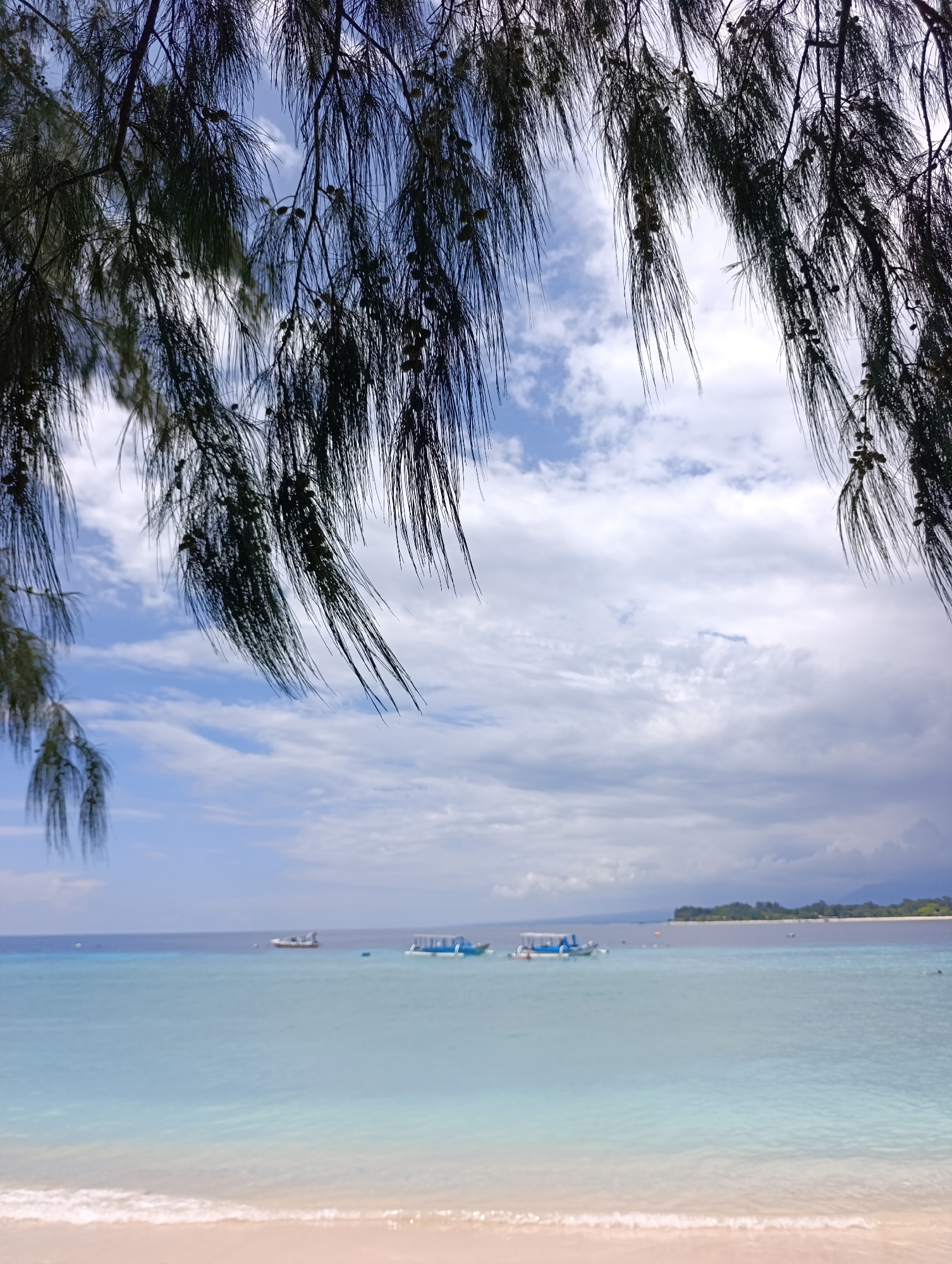 The image depicts a beach scene in an unknown location in Indonesia. The foreground shows a sandy beach with gentle waves. The water is a pale turquoise color. In the middle ground, several boats are visible in the water. Across the water, a land mass is seen with trees. The sky is filled with clouds. In the foreground, tree branches frame the top and sides of the image. The branches have long, thin needles.
