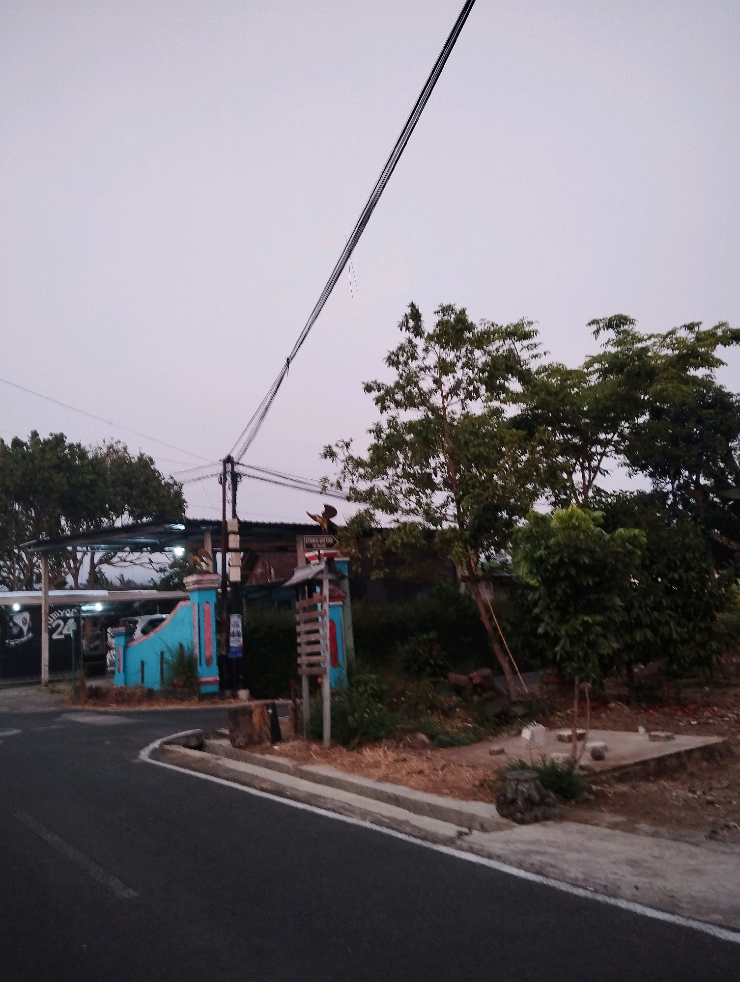 The image depicts a roadside scene in Salatiga, Indonesia, likely during dusk or dawn due to the soft, diffused light. A paved road curves to the left in the foreground, with a white line marking its edge. On the right side of the road, dry foliage and dirt cover the ground, with a small concrete structure and some scattered stones. Further back, a building with a blue and pink facade is visible, with a dark-colored roof structure supported by poles. Electrical wires are strung overhead, supported by a utility pole. Several trees with dense green foliage are present on the right and in the background. A black and white sign with the number "24" is partially visible on the left side of the building. The sky is a pale, overcast gray. No people are visible in the scene.
