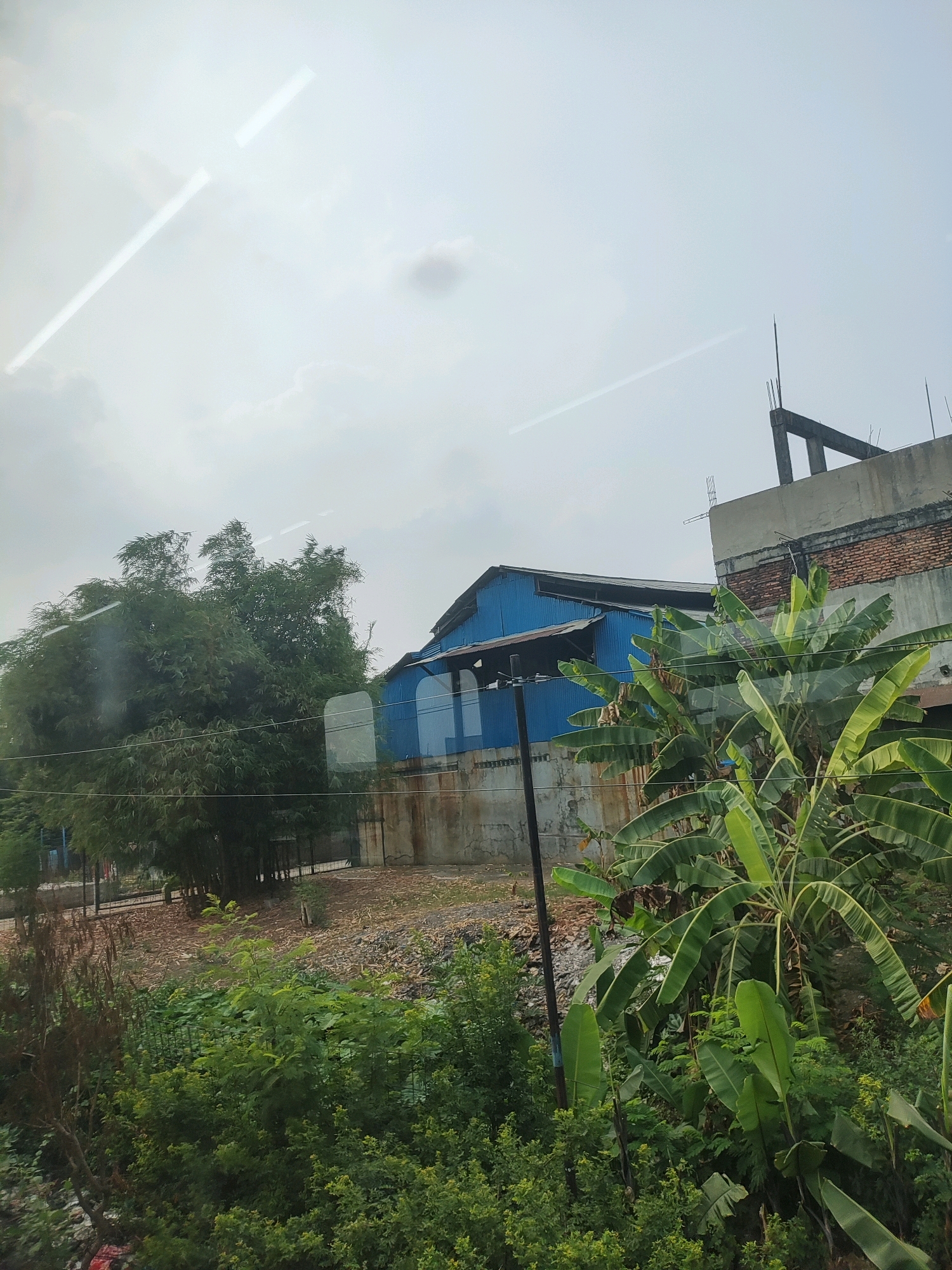 The image captures an outdoor scene, likely from a moving vehicle, given the reflection on the glass. In the foreground, lush green vegetation, including banana trees, dominates the lower half of the frame. Beyond the vegetation, a grey concrete wall runs horizontally, separating the plants from a blue corrugated metal building with a sloped roof. To the right of the blue building, a partially constructed concrete and brick structure is visible, with rebar extending upwards. In the background, a hazy sky with scattered clouds fills the upper portion of the image. The environment appears to be a mix of industrial and natural elements. The image was taken in Bekasi, Indonesia.