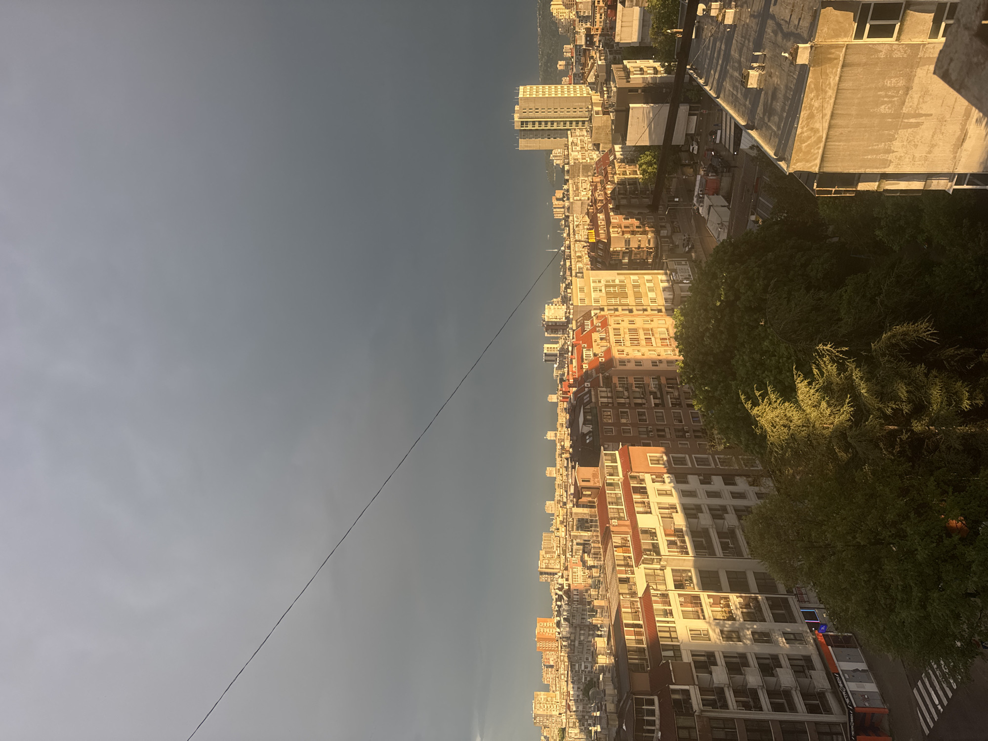 The image shows a daytime cityscape from a high vantage point, possibly a rooftop or upper floor of a building. A prominent power line stretches diagonally across the upper left portion of the frame. The sky appears hazy. The cityscape consists primarily of densely packed buildings of varying heights and architectural styles. A cluster of trees is visible in the lower right quadrant. A street with pedestrian crosswalk markings is visible near the bottom of the frame. No people are directly visible. The specific location in the city is Unknown.