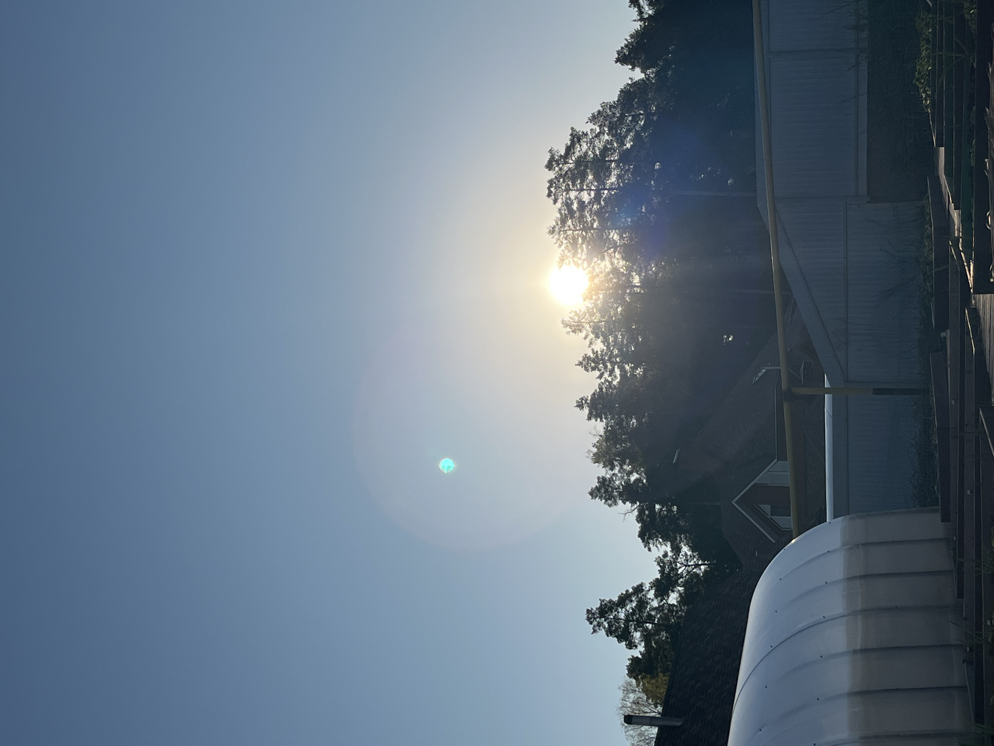 The image shows a daytime outdoor scene. The sky is mostly clear and blue, with the sun shining brightly through trees. The sun's glare creates lens flare effects in the image. The trees are located to the right of the frame. Buildings can be seen behind and to the right of the trees. A large, rounded, white object is in the foreground at the bottom right of the frame. The photo was probably taken in Chaikovsky, Russia, but there are not enough elements to confirm that.
