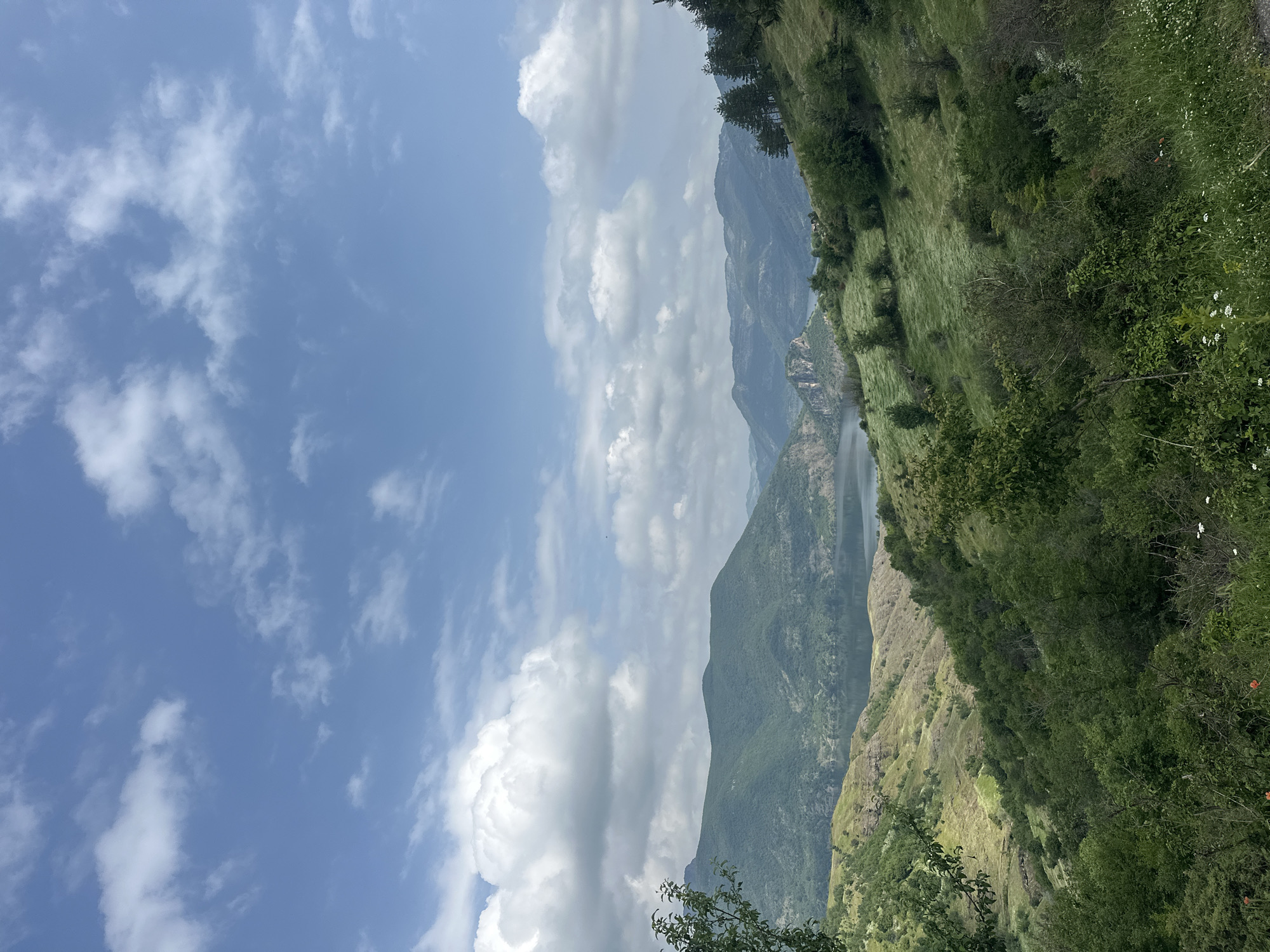 The image displays a serene mountainous landscape, presented in a portrait orientation but depicting a horizontal view when rotated. The scene is dominated by natural elements under a bright, partly cloudy sky.

The upper portion of the correctly-oriented image features a clear blue sky interspersed with various white clouds, ranging from wispy formations to more substantial cumulus clouds, suggesting fair weather.

Below the sky, a vast expanse of lush, green mountains and hills stretches across the mid-ground, extending into the distance where they become hazier. These slopes are heavily vegetated with dense forests and grassy patches, showcasing the fertile nature of the region. A tranquil body of water, likely a lake or a wide river, is nestled among these mountains, reflecting the sky and the surrounding greenery faintly.

The foreground is characterized by steep, verdant slopes covered in thick grass, bushes, and trees. Various shades of green foliage are visible, with some areas appearing brighter, indicating new growth. Small white flowers dot the grassy areas, adding delicate detail to the natural beauty.

There are no visible people or discernible activities taking place, emphasizing the untouched natural environment. The image was captured during daytime, under good lighting conditions. There is no visible text. Given the context, this picturesque landscape is located in Star Chitak, Bulgaria.