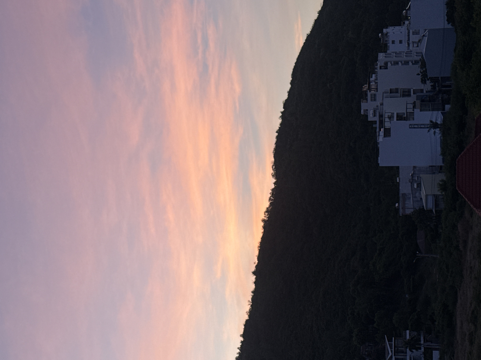 The image depicts a twilight scene in Bac Nha Trang Ward, Vietnam. A dark, tree-covered hillside dominates the upper portion of the frame, silhouetted against a soft sky filled with pastel hues of pink, orange, and purple. In the foreground, several multi-story buildings, likely apartments or hotels, are visible. These structures are predominantly white and have a modern architectural style with visible balconies and windows. The landscape is dotted with lush green vegetation, suggesting a tropical or subtropical environment. The overall impression is one of a peaceful evening setting in a coastal city.