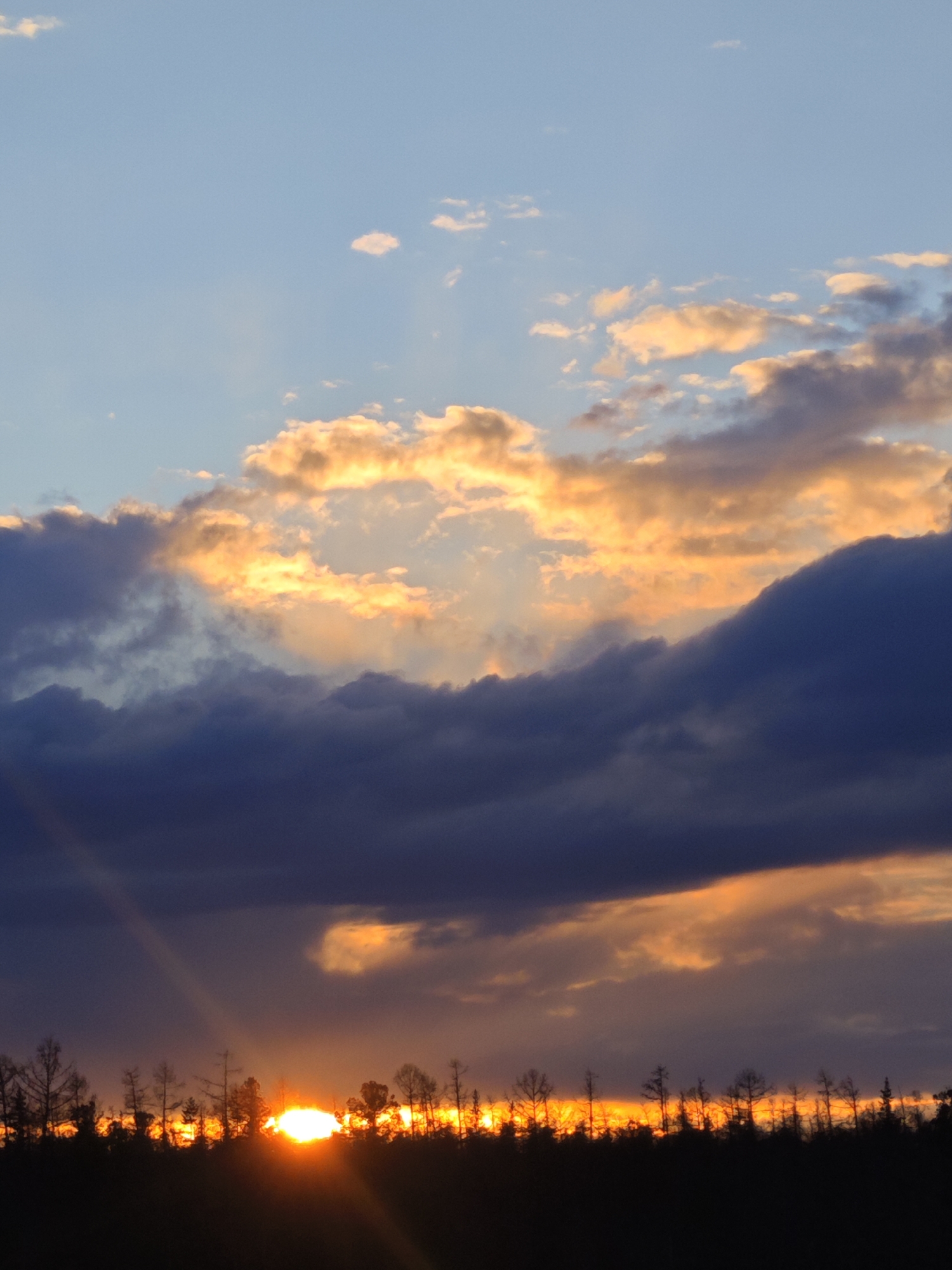 The image depicts a sunset over a silhouetted treeline, possibly in a rural or natural setting within the Unknown region of Russia. The sky is a mix of blue and clouds with an orange glow where the sun dips below the horizon. A dark cloud band dominates the central part of the image, partially obscuring the sun. The sun's rays extend upward and downward from behind the treeline and through breaks in the cloud cover.