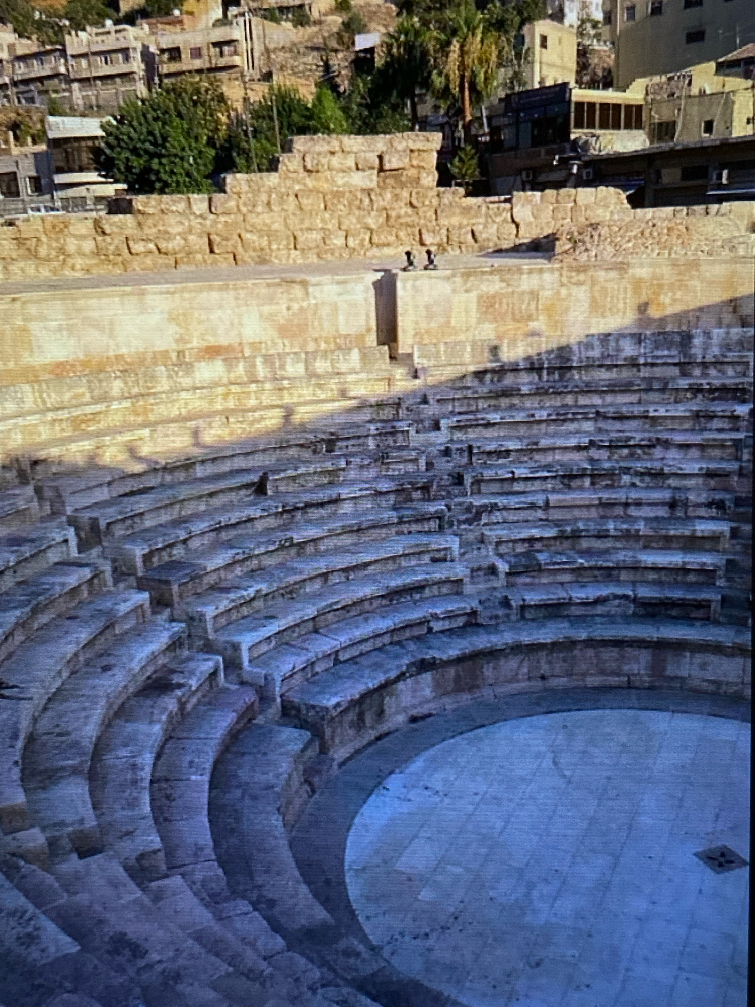 An exterior, eye-level shot captures the stone seating of an ancient amphitheater. The semicircular structure features rows of tiered seats carved from large, rough-hewn stone blocks. The seats curve inward towards a circular, paved area at the bottom of the amphitheater. The stone seats exhibit a weathered appearance, with visible cracks and imperfections. A few dark figures, appearing to be people, are seated in the upper rows of the amphitheater. Above the amphitheater, the ruins of stone walls and buildings are visible, situated on a hillside. Further up the hill, modern buildings with windows and balconies are clustered together. Lush green trees and palm trees are interspersed among the structures. The lighting suggests it is either early morning or late afternoon, with long shadows cast across the stone seating. The overall impression is one of historical significance and enduring architecture within a modern urban landscape.