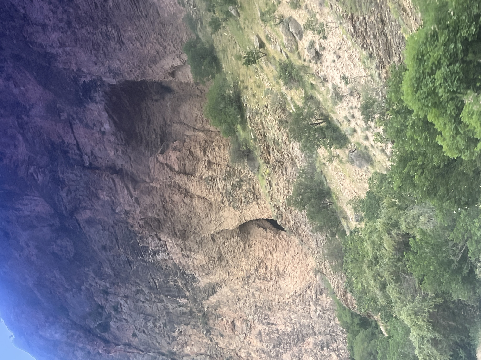 The image displays a natural landscape in Areni, Armenia, dominated by a large, imposing rock cliff face. The upper section of the cliff exhibits a dark purplish-grey hue with visible stratification and vertical fissures, while the lower and middle sections transition to lighter sandy brown and tan tones, also displaying distinct horizontal layering and fractured surfaces. Two prominent openings are present in the cliff: a wide, dark, and irregularly shaped recess in the upper-right quadrant, and a narrower, vertically elongated, dark crevice located centrally on the left side. Below the main cliff, a sloping hillside is visible, sparsely covered with green grass and numerous scattered rocks and scree. Several medium-sized trees with dense green foliage are distributed across this slope. The bottom portion of the image features a dense, vibrant green canopy of trees, indicating a more heavily vegetated area at the base of the rock formation. A small patch of light blue sky is discernible in the upper-left corner of the frame. No people, animals, or man-made objects are visible within the scene.