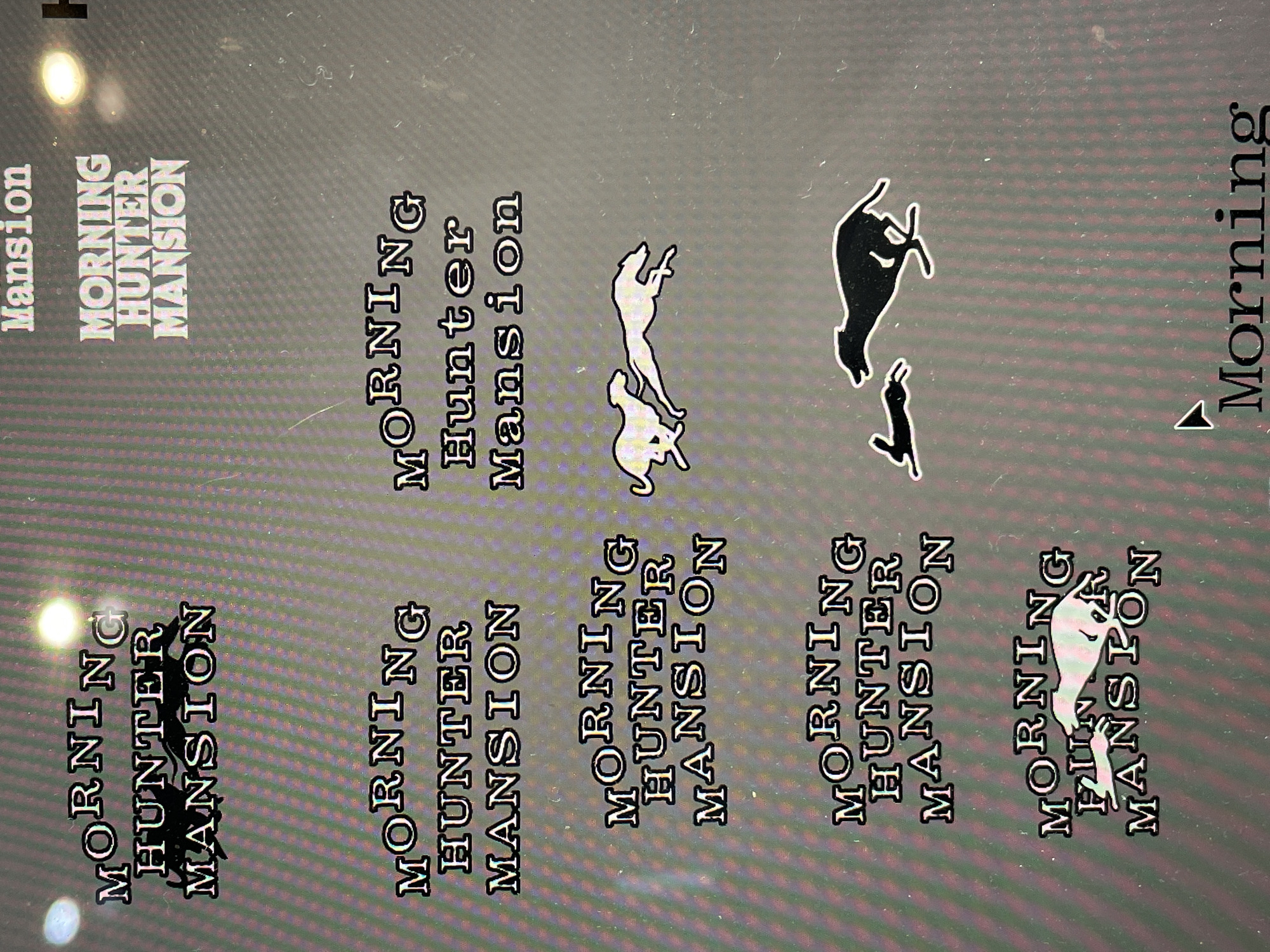 The image displays a vertically oriented menu featuring variations of the text "MORNING HUNTER MANSION." Some instances of the text are accompanied by silhouette-style illustrations of animals, possibly predators and prey. One line shows the text "Mansion". The text is uniformly rendered in a vintage, typewriter-style font. A cursor arrow points towards the last "Morning" text. The location is not indicated in the image. There is nothing in the image to connect it to Sestroretsk, Russia.