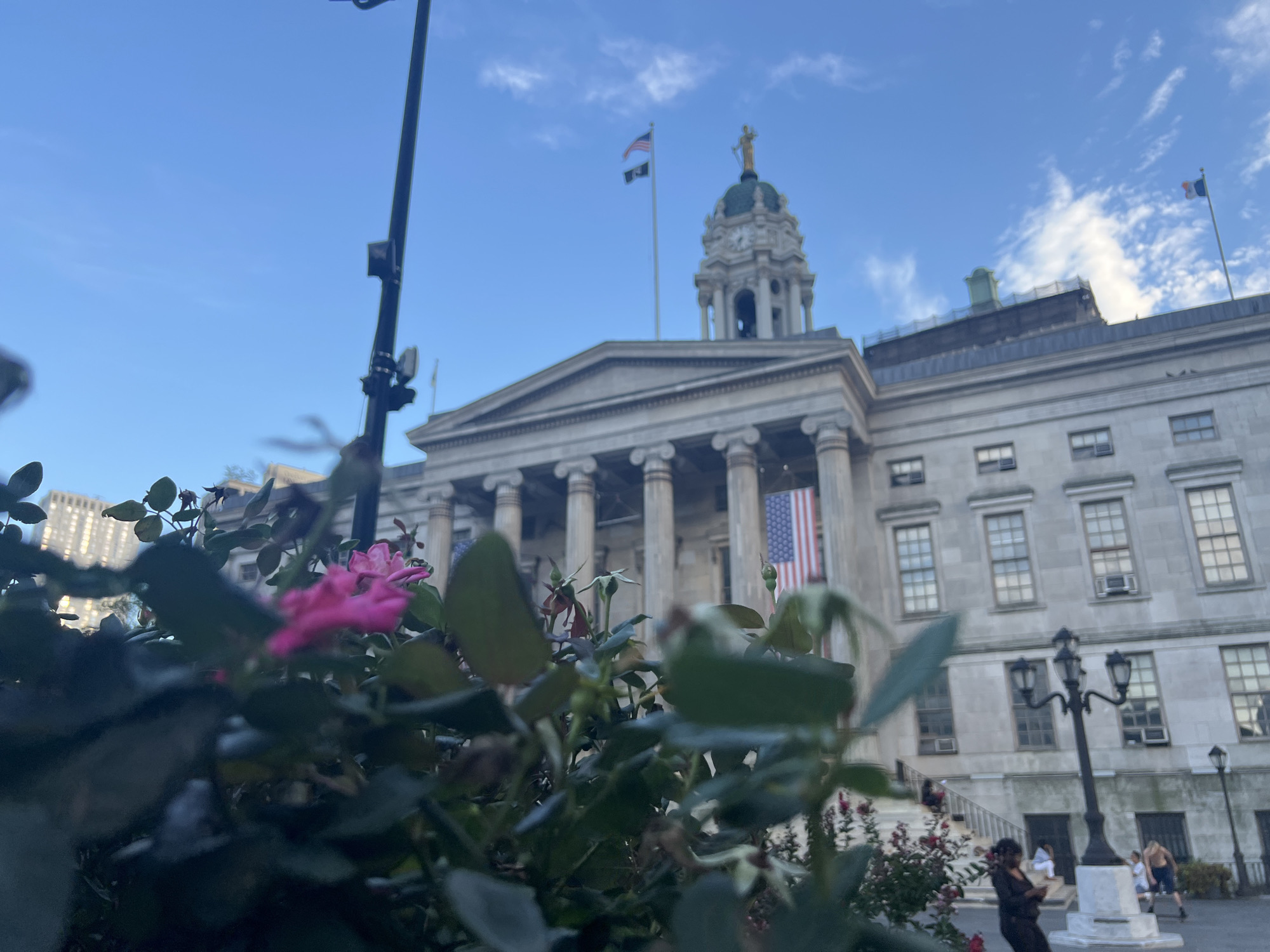 The image depicts the Surrogate's Courthouse in Manhattan, New York City, captured at a low angle with foreground foliage obscuring parts of the scene. The courthouse, a grand Beaux-Arts building, is characterized by its imposing colonnade and central dome topped with a statue. An American flag hangs prominently from the building, and another flag is visible on a flagpole to the left of the dome. The sky is blue with scattered clouds. In the lower portion of the image, several individuals are present on the courthouse steps and surrounding area, some walking and others standing. A streetlamp stands in the mid-ground. The overall impression is that of a civic building with public activity occurring in its vicinity.