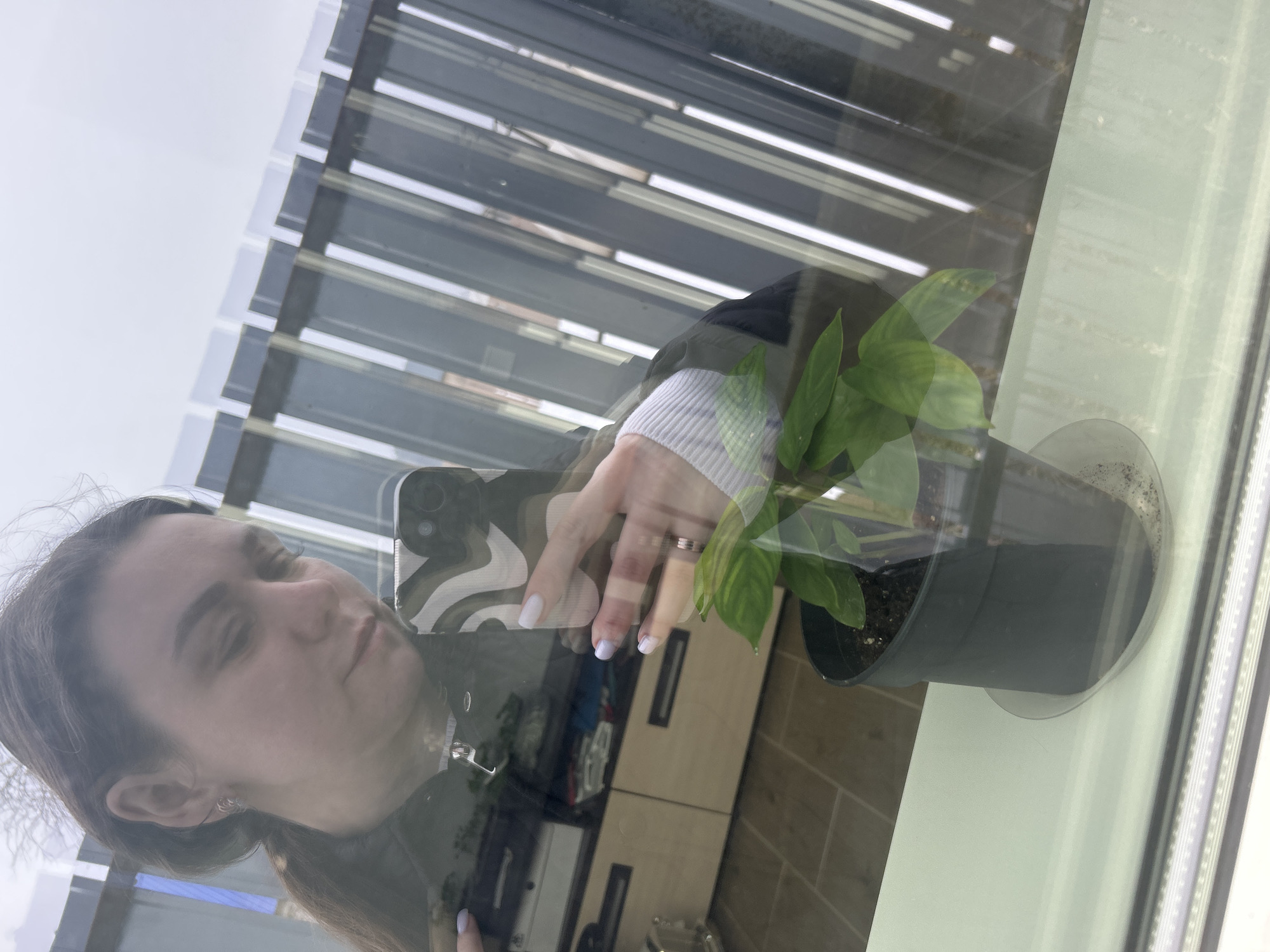 A person with long brown hair, wearing a dark jacket and white-cuffed sweater, is taking a selfie with a smartphone. The phone has a patterned case in black and white. The person is holding the phone with their right hand, which has a ring on the ring finger and light-colored nail polish. In the reflection of the glass window, a green plant in a black pot is visible. The plant is sitting on a windowsill. The background reflection shows an interior space with cabinets. The reflection outside the window displays a building with metal or dark-colored slats. The location is Chaikovsky, Russia.