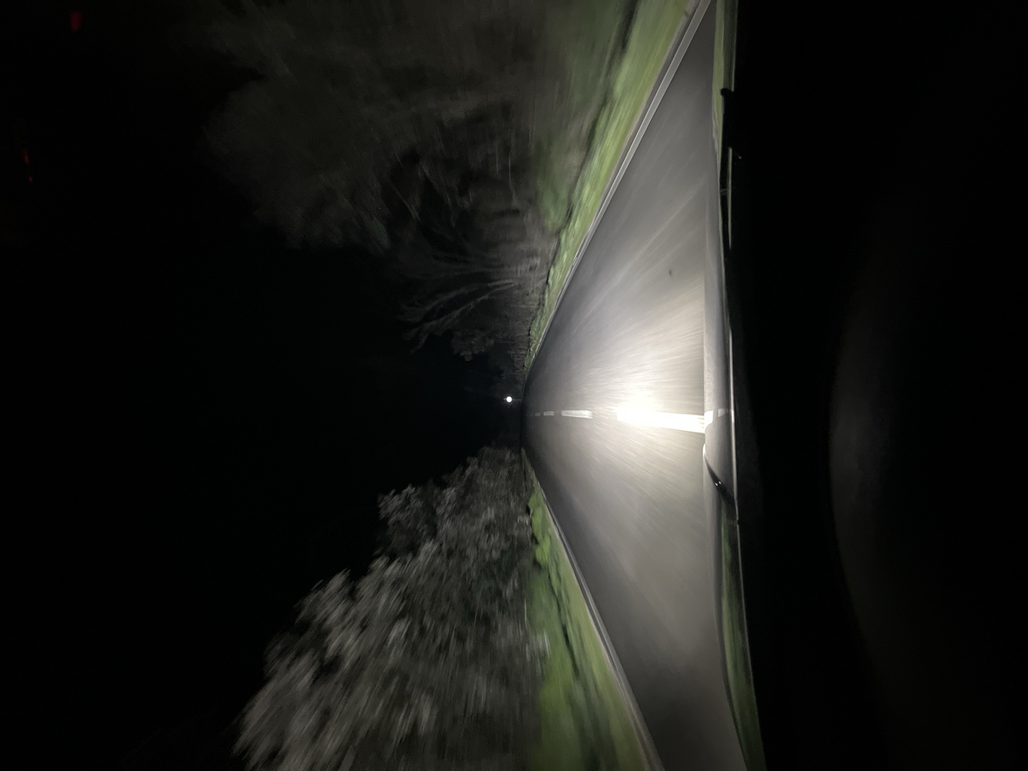 The image shows a dark road at night, possibly in motion from a vehicle. The road appears to be a single lane in each direction with a painted dividing line. The headlights of the vehicle illuminate the road ahead. On either side of the road, there are trees or vegetation, blurred due to motion. The background is mostly black, with a single light source visible in the distance. It is difficult to confirm the location as Moskovets, Bulgaria without additional information.