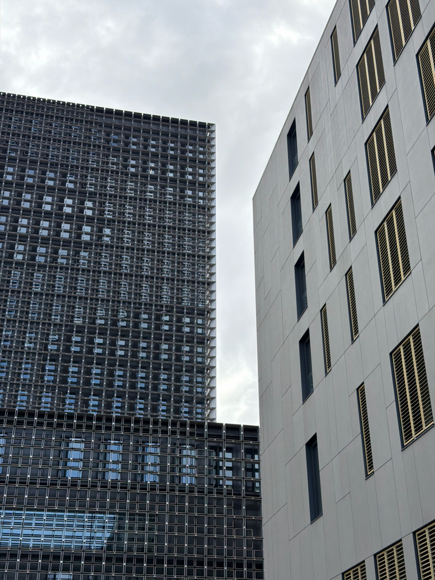 Two modern buildings are shown in an urban environment. The building on the left is a tall, dark structure with a facade of repeating square window units. The building on the right is lighter in color, with a more varied window design featuring vertical rectangular windows and louvered panels. The buildings are angled towards each other, creating a sense of depth and perspective. The sky above is overcast and appears to be a pale grey. This image captures architectural elements in Esch-sur-Alzette, Luxembourg, showcasing contemporary building styles against a diffused sky. There are no people or animals visible in the scene.