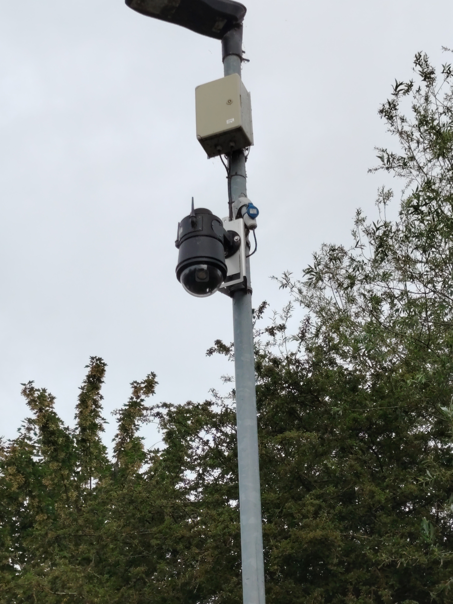 The scene, located in Peterborough, United Kingdom, depicts a grey metallic utility pole extending vertically under an overcast sky. Mounted at the top of the pole is a dark-colored streetlight fixture, oriented horizontally. Below the streetlight, a light-beige rectangular utility enclosure is affixed, with visible wiring extending downwards. Directly beneath this enclosure, a dark-colored PTZ (Pan-Tilt-Zoom) dome camera is mounted, featuring a black housing, a clear dome lens, and two small antennae-like protrusions on its upper surface. Adjacent to the camera, a smaller white electrical enclosure is attached to the pole, featuring a blue industrial CEE form power socket on its exterior. Black cabling connects various components along the pole. The lower portion of the image shows dense green foliage from trees, positioned to the left and right of the utility pole, with some branches exhibiting lighter brown seed structures. No individuals are present in the frame.