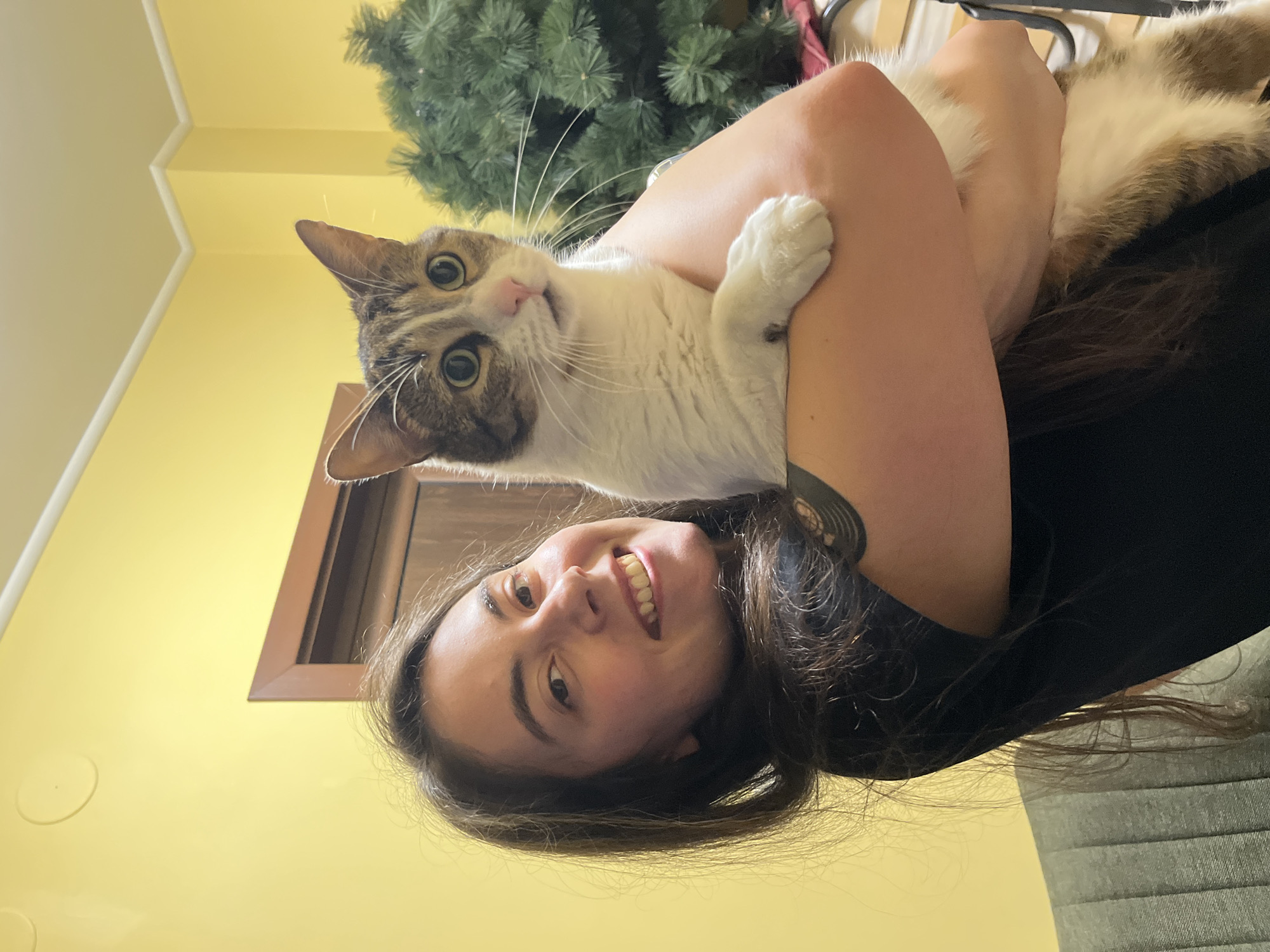 A young woman with long, dark hair smiles at the camera as she holds a tabby and white cat. She is wearing a black t-shirt. The cat is looking to the side with wide eyes. The background is a yellow wall with a door and a partially visible Christmas tree. The scene appears to be indoors.