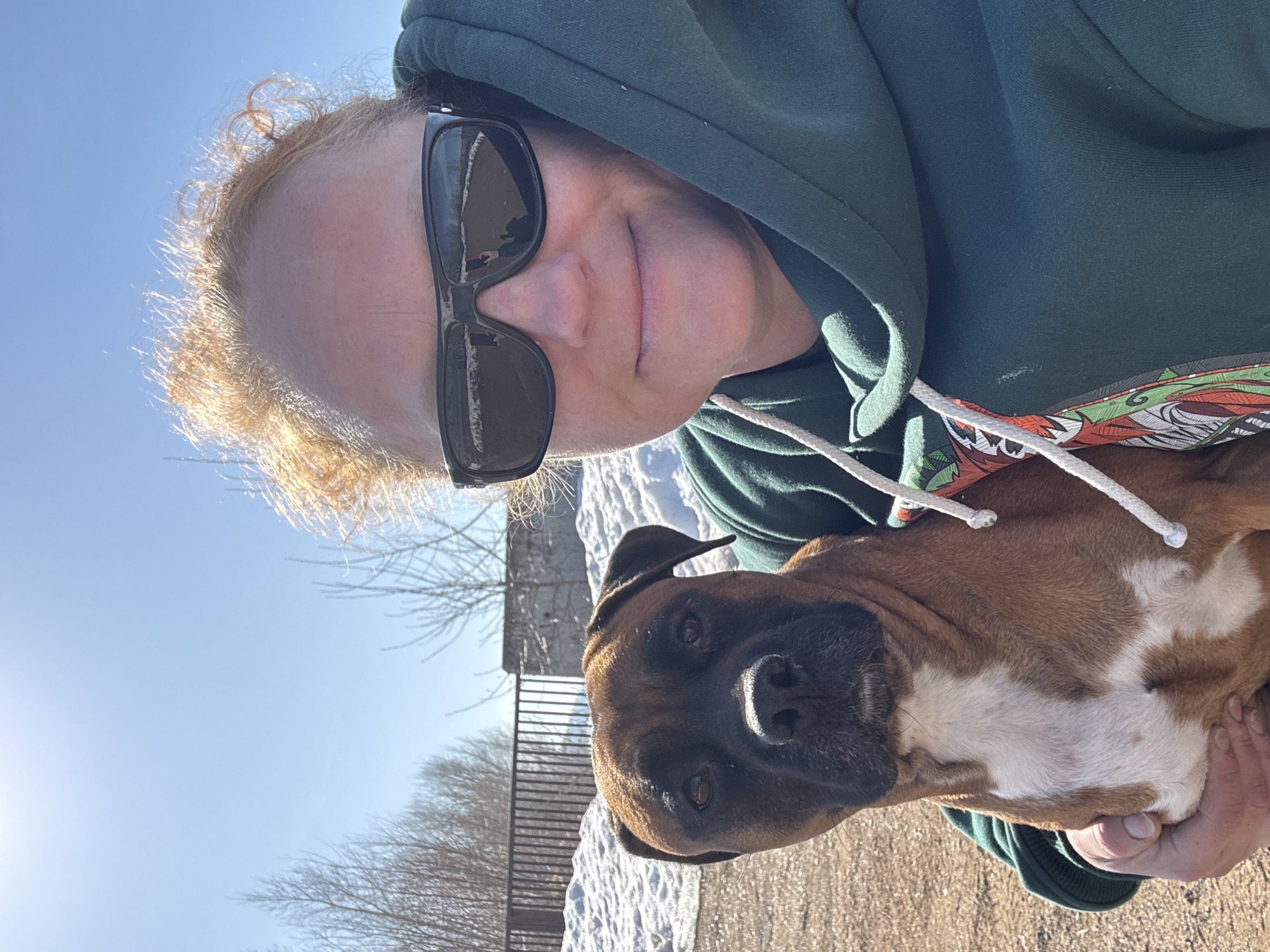 A person wearing a dark green hooded sweatshirt and black sunglasses is holding a brown and white Boxer dog outside on a sunny day. The location is identifiable as being in Chaikovsky, Russia, by the presence of snow on the ground, the distinctive style of the city's wrought-iron fence, and bare deciduous trees. The individual is facing the camera, with the dog being held in front of them. They appear to be taking a selfie.