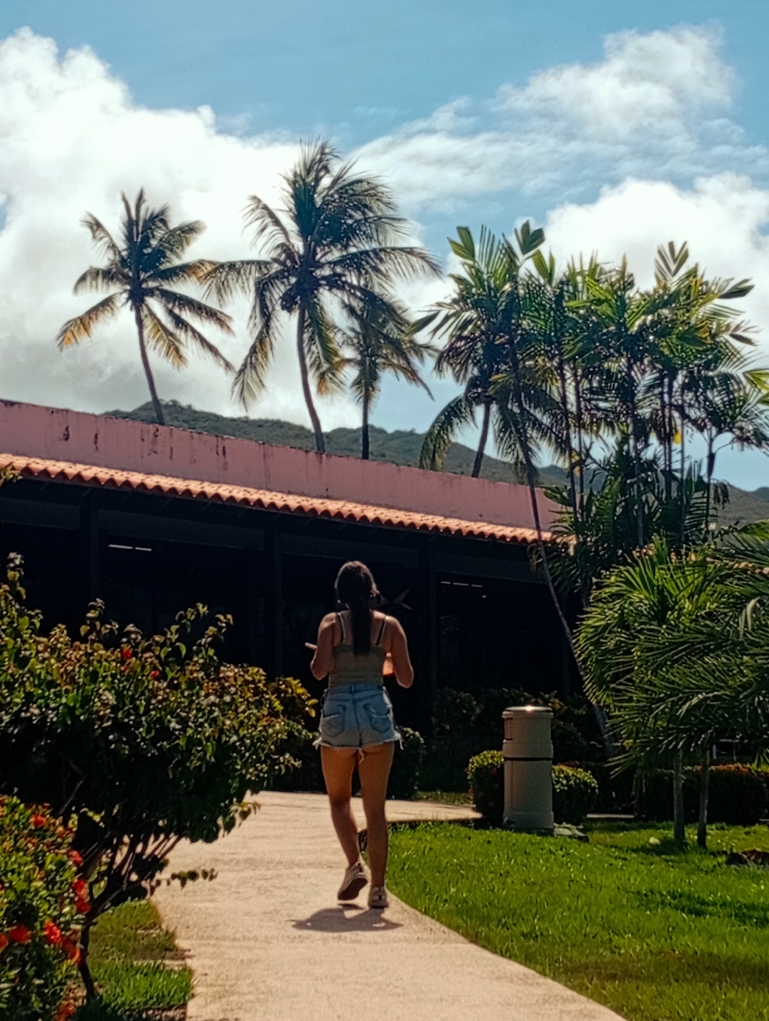 A young woman walks away from the viewer on a concrete path in Playa El Agua, Venezuela. She is wearing a light-colored tank top and denim shorts, with her dark hair pulled back. The path is lined with lush greenery, including flowering bushes to the left and palm trees interspersed throughout the scene. A building with a pink facade and a terracotta tile roof is partially visible behind her. Behind the building, a low mountain is visible in the background. The sky is bright blue with puffy white clouds. A cylindrical trash receptacle is visible on the right side of the path.