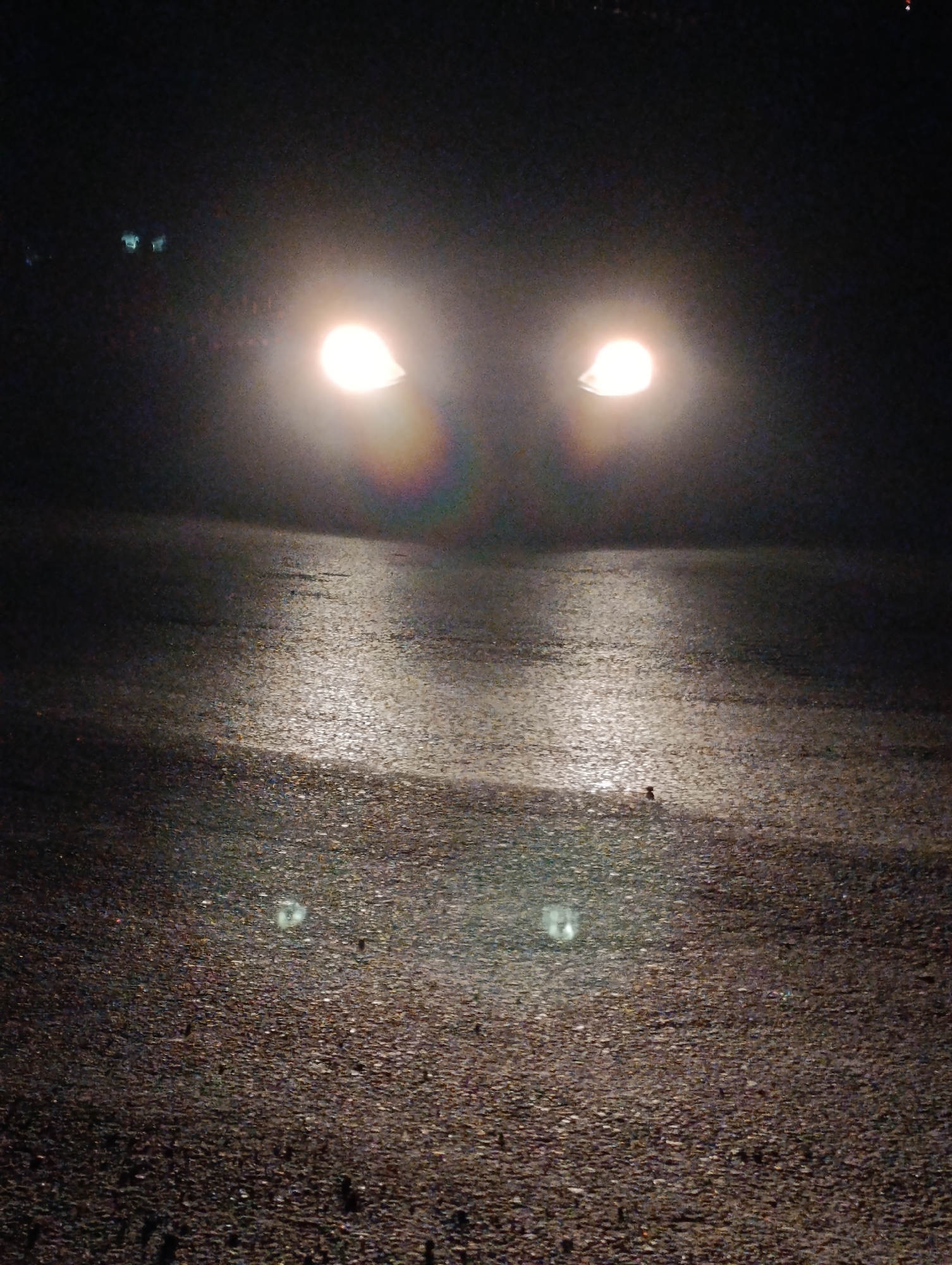 The image depicts a dark road at night, likely in Barheta, India, illuminated by the headlights of an approaching vehicle. The wet surface of the road reflects the bright beams of light, creating a shimmering effect. In the distance, faint lights suggest the presence of buildings or other vehicles. Two small, square reflective markers are visible on the road surface, one in the foreground and another further back. The overall impression is one of a common nighttime scene on an Indian road, potentially with some atmospheric haze from the lights.