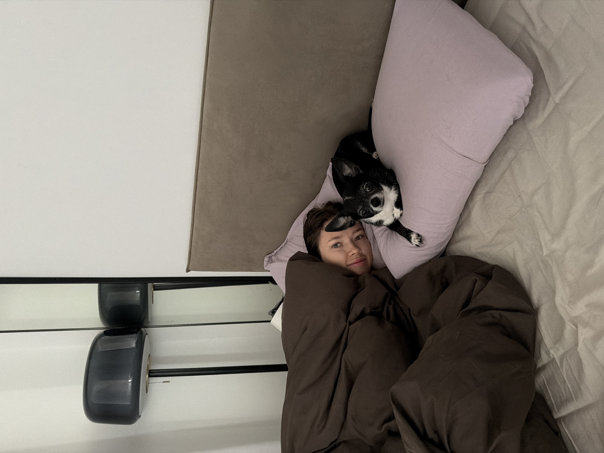 An upright, eye-level indoor shot captures a cozy bedroom scene in Ramat Gan, Israel. A young adult, female-presenting individual lies comfortably in bed, partially covered by a dark brown duvet. She has short dark hair and a calm expression, looking directly at the camera. Next to her head, a small black and white dog, resembling a Chihuahua, also looks towards the camera with attentive eyes. The dog is resting on a light purple pillow, which is also supporting the person's head.
The bed features a greyish-beige headboard or wall panel behind the pillows and a light grey fitted sheet. To the left of the bed, a shelf or side table is visible, upon which rests a dark, cylindrical object. This object is reflected in a mirrored surface that runs horizontally along the wall, suggesting a modern bedside setup. The background wall is white. The overall atmosphere is peaceful and intimate, depicting a relaxed moment between the person and their pet, likely in the morning or during a leisurely day. There is no visible text in the image.