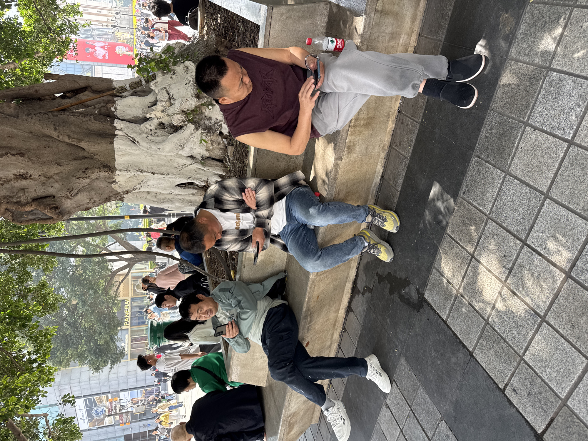 The photograph shows a scene on a city street in Yuzhong District, China. Several people are resting or sitting on a low concrete ledge next to a tree. The tree trunk is partially painted white. The people on the ledge are dressed in casual clothing and appear to be using their mobile phones. The street is paved with square tiles. Other people can be seen walking in the background, and buildings and shops are visible across the street, including a business with the name "PANERAI."