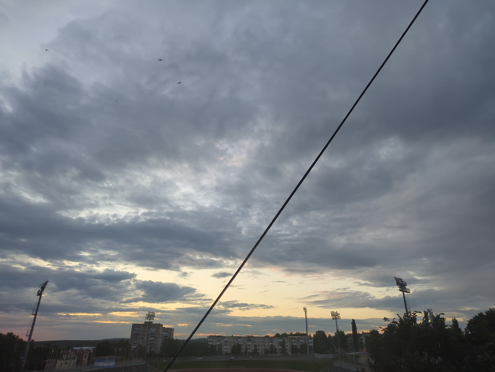 The image depicts a cloudy sky over Votkinsk, Russia, with a stadium and apartment buildings visible in the distance. There are several lights from the stadium illuminating the area. In the sky, there are at least five small, dark shapes that appear to be birds or possibly airplanes. A thick black cable diagonally crosses the frame from the top right to the bottom left, partially obscuring the view. The overall lighting suggests it is either dawn or dusk.