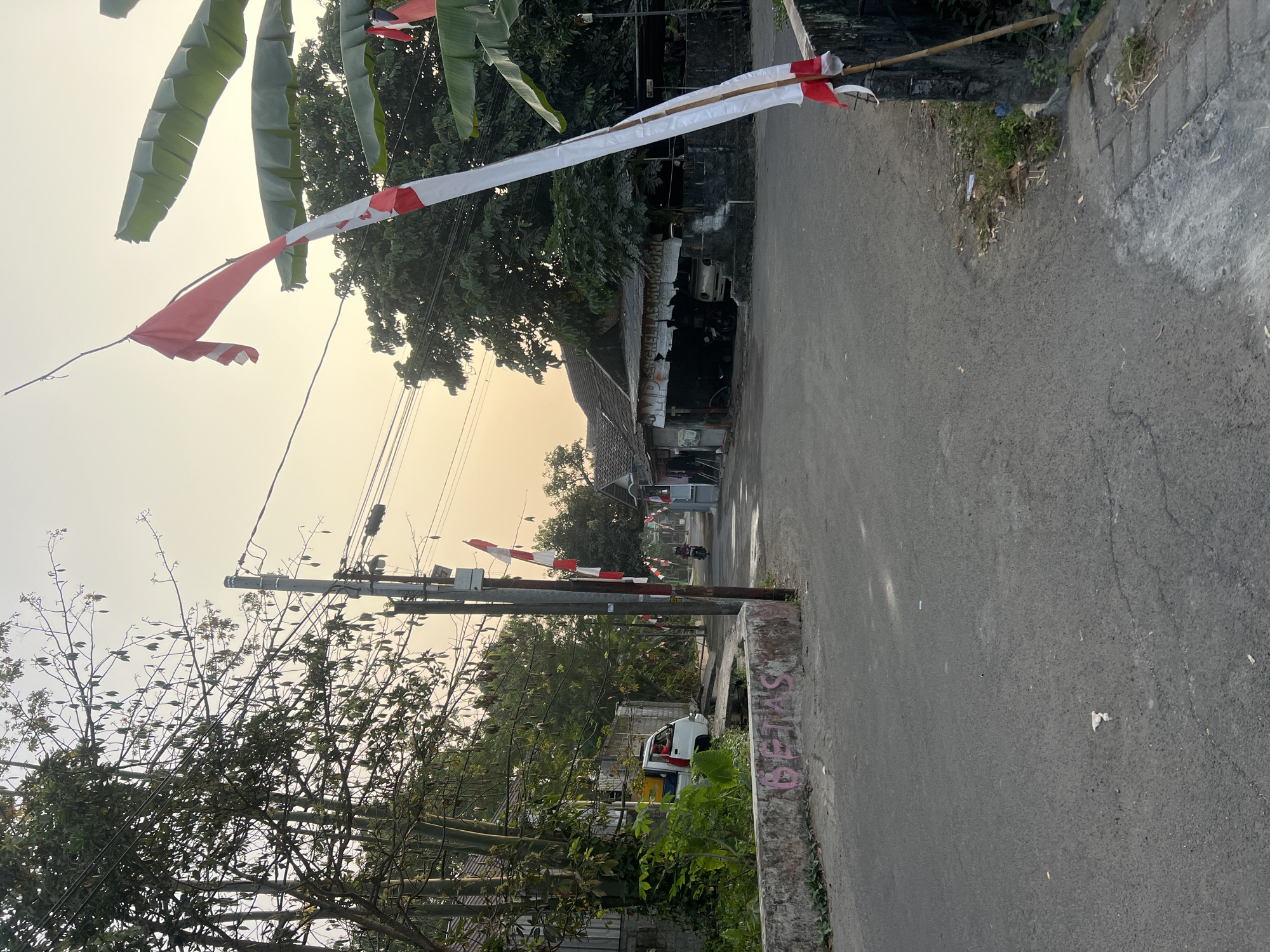 This is a street-level, full shot of a road in Tlogoadi, Indonesia. The time of day appears to be late afternoon or early evening, with the sky a pale yellow and orange. Red and white Indonesian flags are displayed prominently along the road, attached to poles and draped over trees. The road itself is paved and appears to be in moderate condition with some cracks.
On the left side of the road, there is a low concrete wall with graffiti. Behind the wall, there are dense green trees and vegetation. A white van with a person inside is parked near the wall. Further down the road, on the left, there is a cluster of buildings with tiled roofs.
On the right side of the road, there is a bridge-like structure with a red and white flag attached. There are also banana trees with large green leaves. Further down the road on the right, there is a row of buildings, one of which has a sign that reads "AMP NGGRE LAS MUNYUNI." A motorcycle is visible in front of this building.
In the middle of the road, a person on a motorcycle is riding away from the camera. There are also several utility poles and wires visible throughout the scene. The environment appears to be a semi-rural or suburban area.