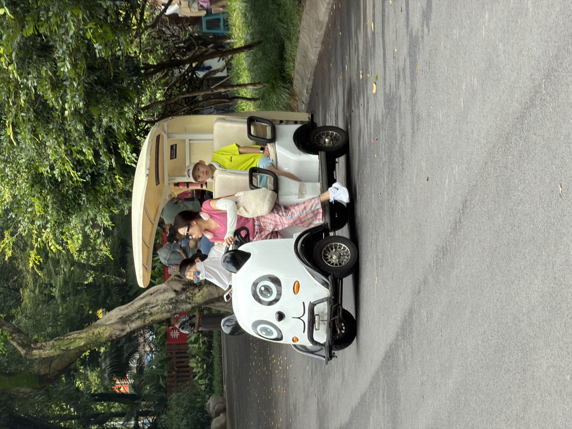 In the Jiulongpo District of China, a unique electric vehicle resembling a panda drives on a paved road. The vehicle has a white body with black ears and facial features characteristic of a panda, including large round eyes and a black nose. Inside the vehicle, three people are seated. The driver is a woman wearing a pink top and pink plaid pants. To her left, a child with sunglasses and a white head covering is seated. To the woman's right, a young boy wearing a bright green t-shirt and a beige baseball cap is sitting. The vehicle is a light-colored golf cart-style electric car with a canopy. The scene is set amidst lush green trees and foliage, suggesting a park or a similar recreational area. The road surface is asphalt, with scattered fallen leaves.