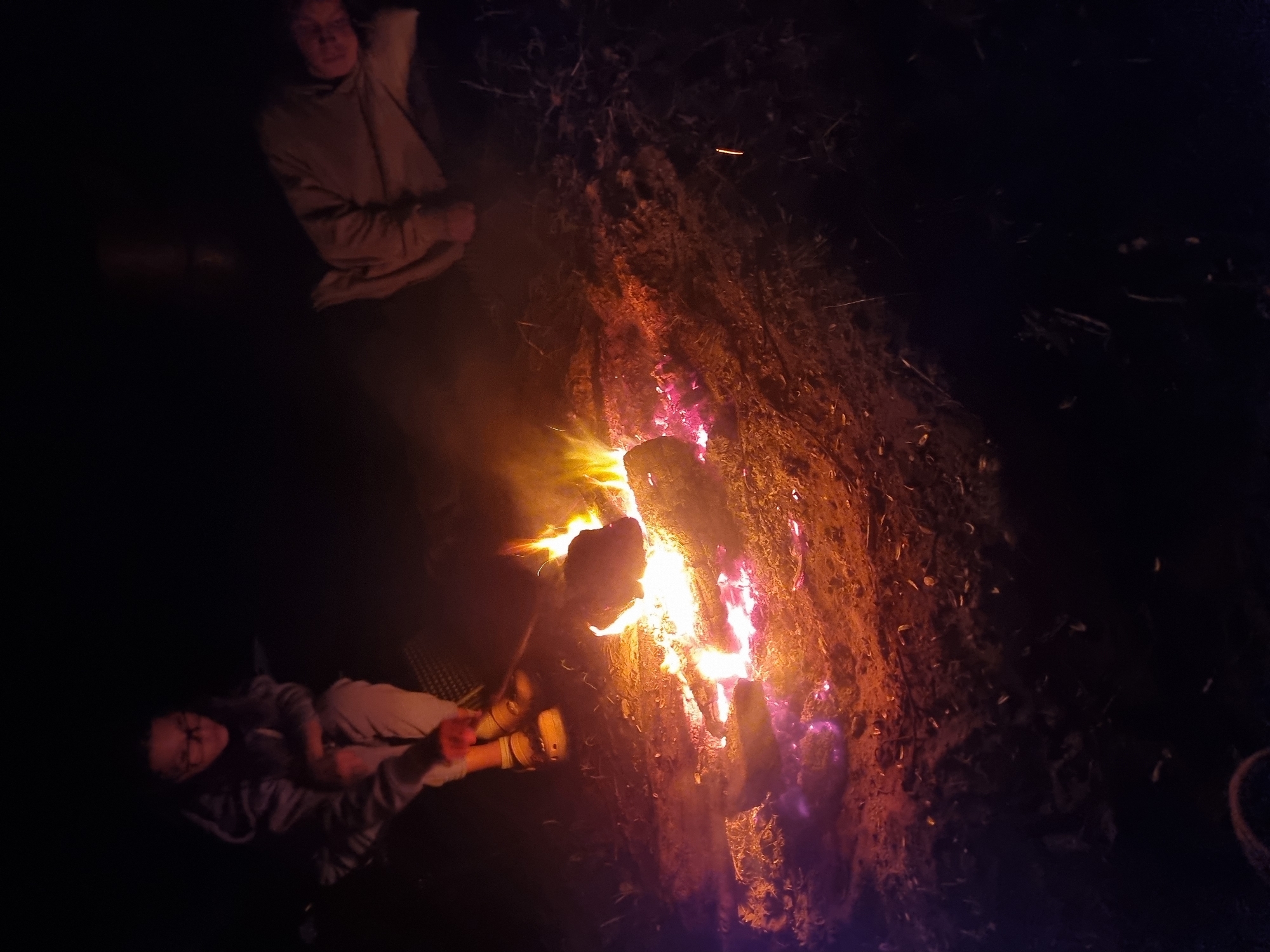 In the city of Chaykovsky, Russia, at night, two individuals are gathered around a bonfire. The person on the left is a child wearing glasses and a hoodie, seated with their legs crossed, holding a stick and appearing to be tending to the fire. The person on the right is an adult, lying down and covered with a blanket. The bonfire is made of logs and is actively burning, casting a warm glow on the surrounding ground, which is covered in dirt and dry vegetation. The scene is dimly lit by the fire and appears to be outdoors in a natural setting.