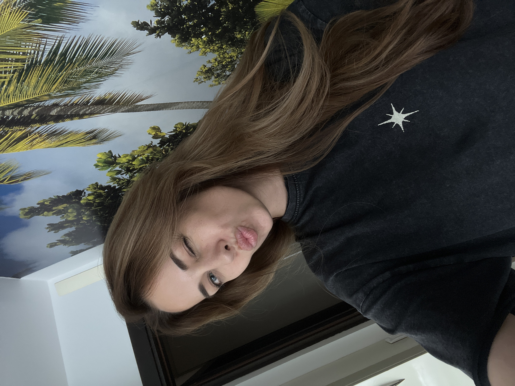 A woman with long brown hair is facing the camera, winking and puckering her lips. She is wearing a dark grey shirt with a white star-shaped design on the shoulder. Behind her is a wall with a mural depicting palm trees and other green foliage against a sky-blue background. Part of a white wall and a dark frame are also visible at the bottom of the image. There is no information to place this picture in the city of Vozdovac Urban Municipality, Serbia.