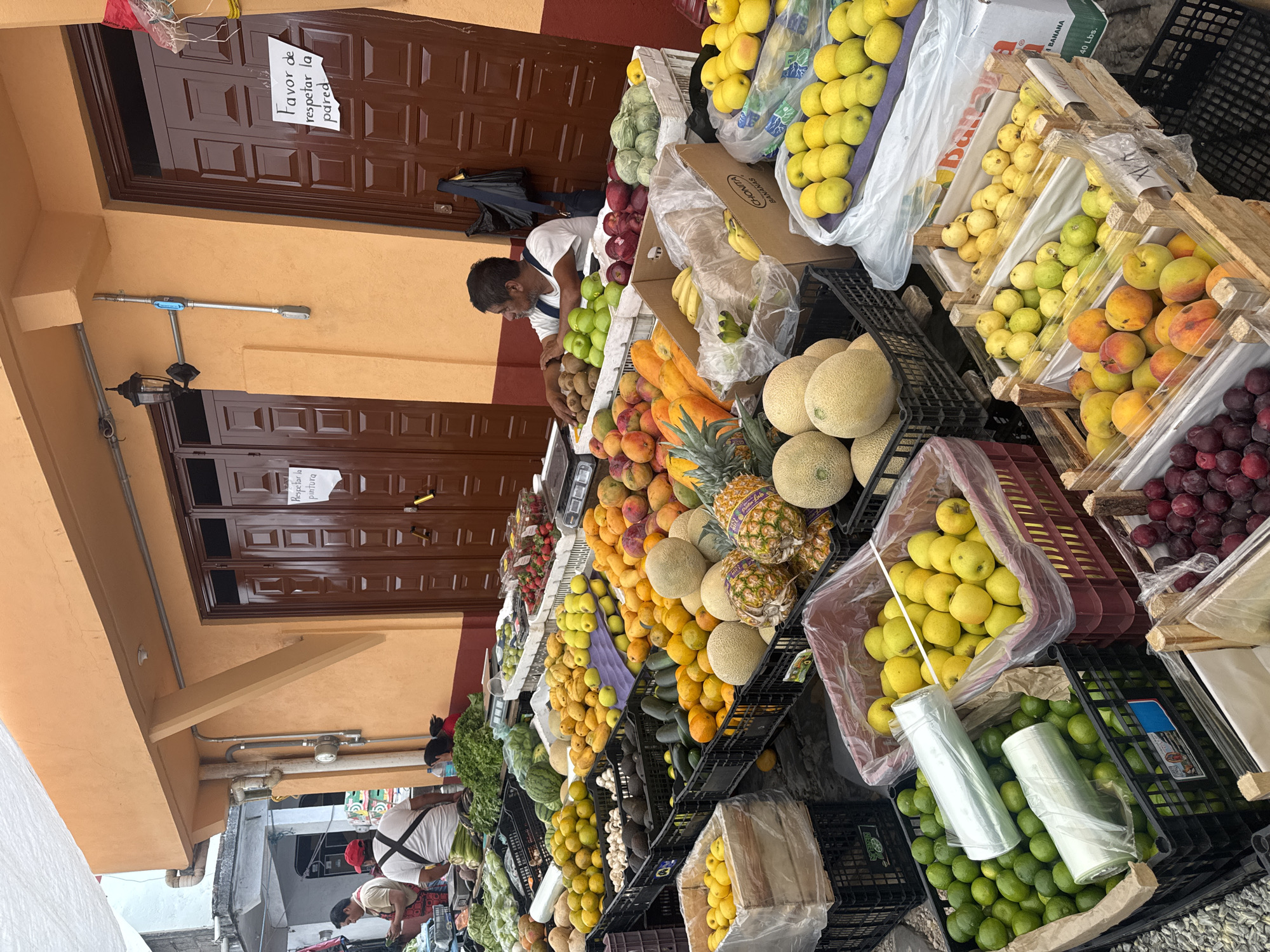 A bustling outdoor fruit and vegetable market in Cuetzalan, Mexico, is captured in this vibrant image. The market is overflowing with a wide assortment of fresh produce neatly arranged in crates and containers on tables. Fruits such as pineapples, melons, oranges, lemons, limes, apples, peaches, plums, bananas, and other produce are prominently displayed. A vendor is standing behind the fruit stand, attending to the items. A brown wall and two brown doors stand behind the stall. Signs are posted on the wall to respect the wall and the paint on it. Other people, presumably customers, can be seen in the lower portion of the image, examining the produce.