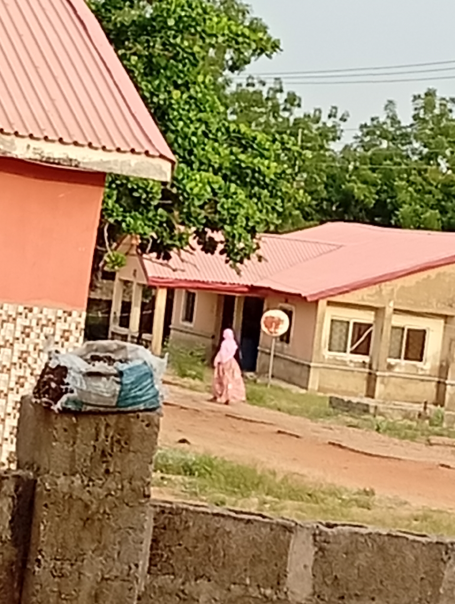 The image presents an outdoor scene featuring buildings, natural elements, and a lone individual. In the foreground, a sturdy concrete block structure is visible, topped with a blue and white patterned sack filled with a dark, granular substance. To the left, a portion of a building with an orange-red wall and a reddish-pink corrugated metal roof is present, its lower section adorned with light-colored, patterned tiles.
A dirt path extends across the midground, on which a person walks away from the viewer. The individual is dressed in a light pink or beige long dress and a matching head covering. This person is moving towards a building in the background, which shares a similar architectural style with a light brown or beige exterior and a reddish-pink corrugated metal roof. This background building features several windows and a circular, possibly rusted, object mounted on a pole near its facade, which might be a sign or a small satellite dish.
Dense green trees are prominent throughout the scene, especially in the background, partially obscuring the structures. Faint power lines are visible against the pale sky above the tree line. The setting suggests a daytime scene in a warm, possibly rural or semi-urban environment. No discernible text is visible on any objects or buildings.