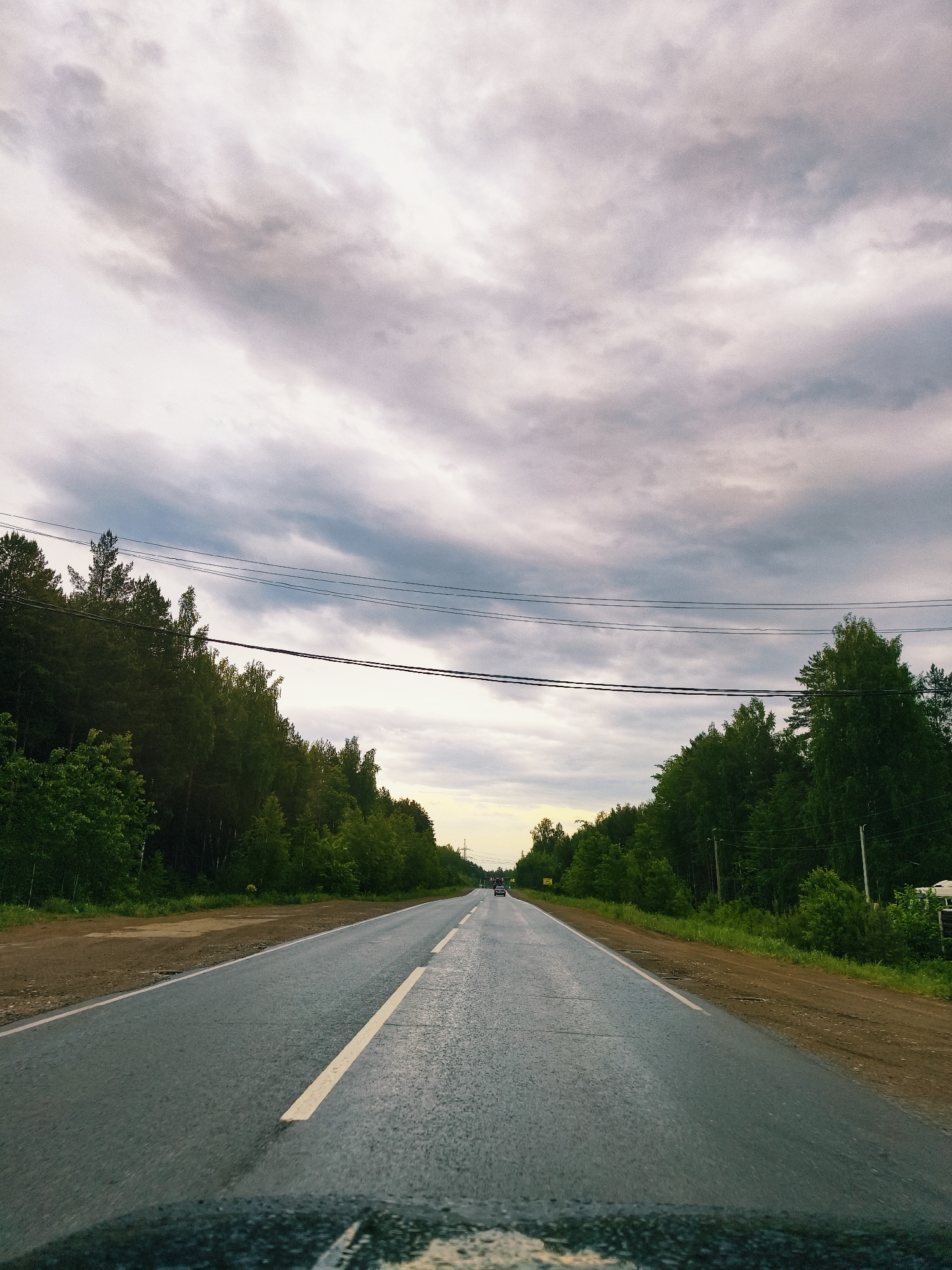 A medium-shot, eye-level photograph shows a straight, wet asphalt road leading to the horizon in Noviy, Russia. A broken white line runs along the center of the road. Green trees border both sides of the road. An overcast sky with striated clouds fills the upper portion of the frame. A set of power lines runs horizontally above the trees, and one or two vehicles are visible in the distance on the road. The bottom of the frame appears to be the interior of a vehicle, with some water droplets visible on the dashboard.