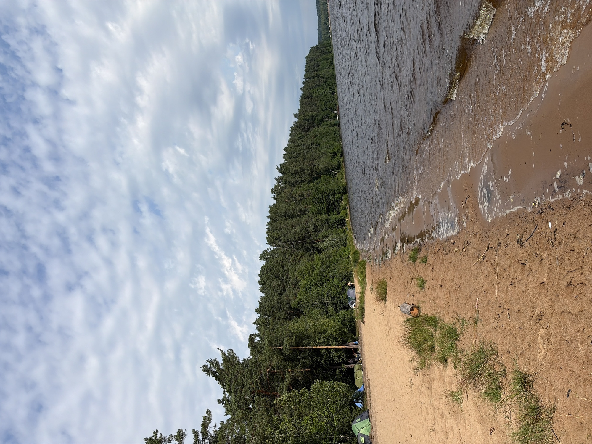 This is a photograph of a sandy beach bordering a dark body of water, likely a lake, with a dense forest line in the background. The sky is partly cloudy with white cumulus clouds against a pale blue background. On the beach, several tents are pitched, indicating a camping site. There are some patches of grass and scattered debris on the sand. The water has small waves lapping at the shore. The overall scene suggests an outdoor recreational area. The location is identified as Vaskelovo, Russia, which is a settlement known for its natural landscapes.