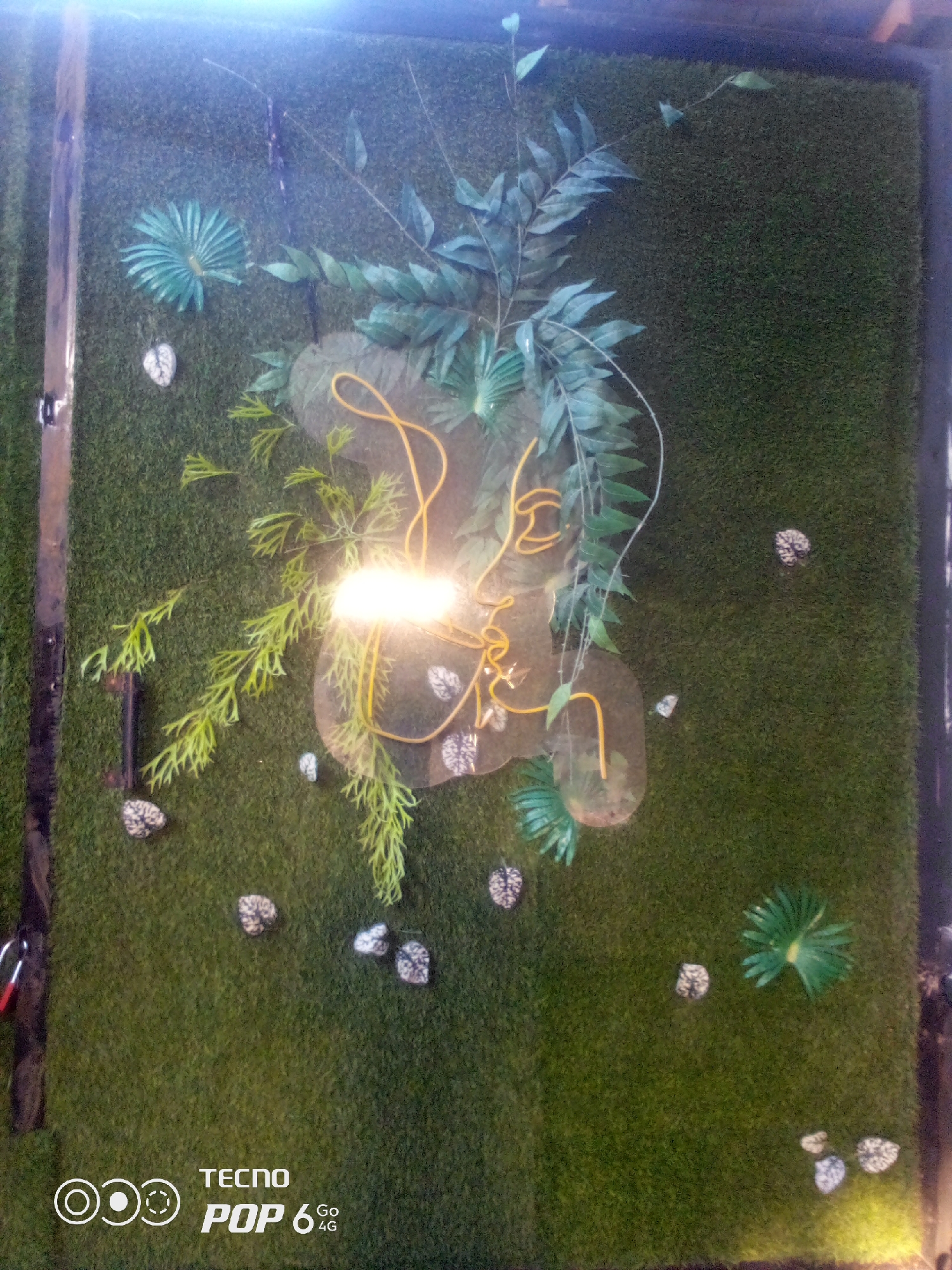 The image shows a decorative wall covered in artificial grass. Artificial green foliage is attached to the grass, with some artificial palm fronds and leaf-like shapes scattered throughout. In the center of the frame, a neon light in the shape of a stylized face is illuminated. The face is outlined in yellow and appears to be made of wire or a similar material, possibly mounted on a transparent acrylic backing. Some small, light-colored objects with dark speckles, resembling small stones or decorative elements, are also scattered on the grass. In the bottom left corner, a logo with the text "TECNO POP 6 4G" is visible. The scene is indoors, with ambient lighting that includes a strong glare from the neon light in the center. The overall impression is of a decorative accent wall, possibly in a commercial establishment or a home. The location is not discernible from the image itself, so a specific location in Howayi, Nigeria, cannot be determined.