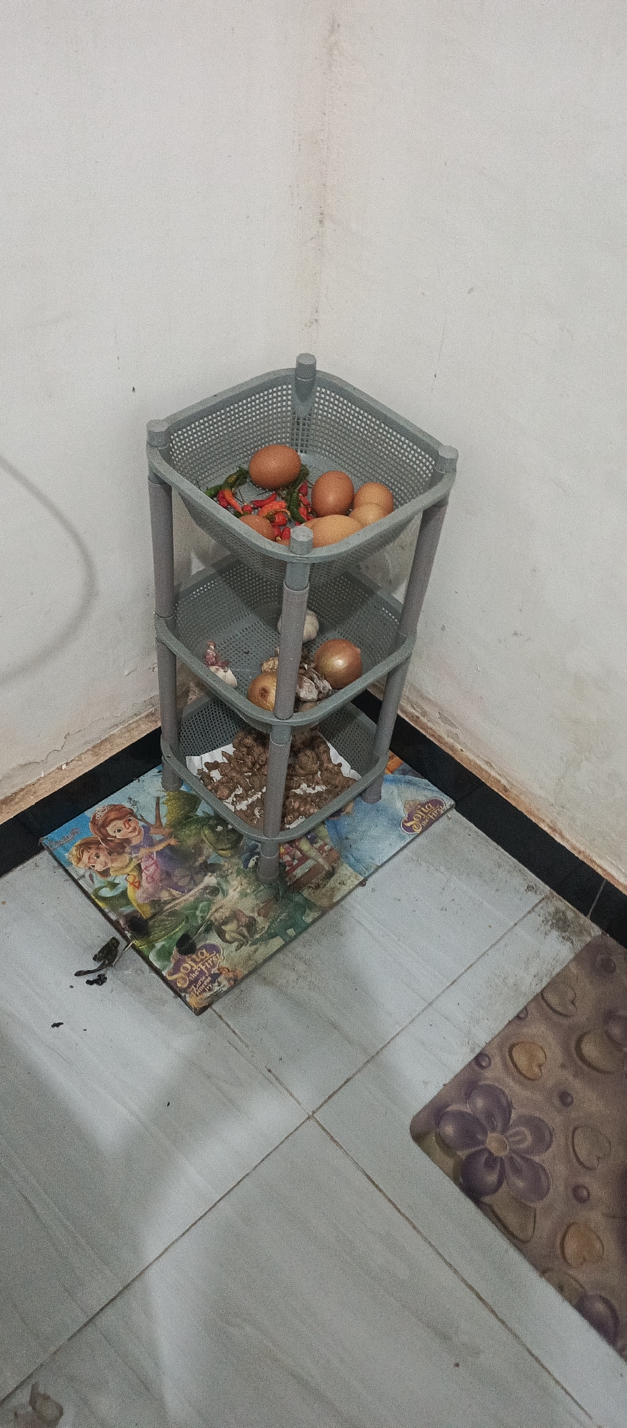 A grey, three-tiered plastic shelf unit stands in the corner of a room. The top shelf holds several brown eggs and a pile of red and green chili peppers. The middle shelf contains two onions, some garlic, and other miscellaneous items. The bottom shelf appears to hold a collection of dried brown objects, possibly ginger or other roots. The unit rests on a mat with cartoon characters, including Princess Sofia. The floor is tiled with light grey tiles and there is a dark brown trim along the wall. A second, smaller mat with a floral pattern is visible to the right of the shelf unit. The walls are off-white and show some signs of staining and wear. The lighting in the room is dim. This scene is located in the city of Arjasa, Indonesia.