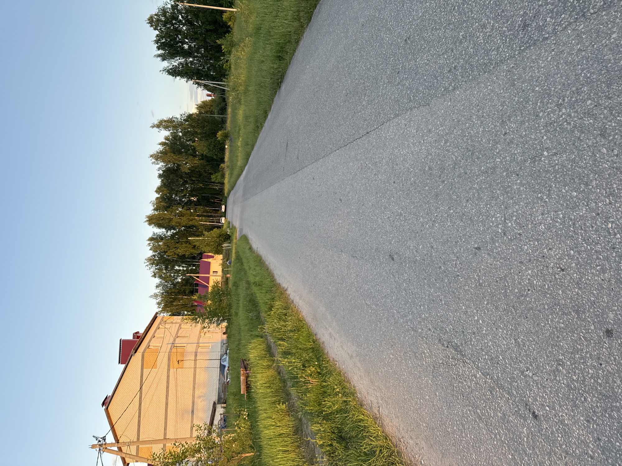 The image depicts a two-lane asphalt road in a rural or suburban area, with tall green trees lining the right side. A few houses with red roofs are visible on the left, along with a multi-story building that appears to be residential, illuminated by the setting sun. The sky is clear and a pale blue. There are utility poles and power lines visible near the road and buildings. Some of the terrain to the left of the road is overgrown with grass, and there are some wooden objects lying on the ground. Two white cars are parked on the left side of the road near the buildings. The image appears to have been taken during daylight, possibly late afternoon or early evening due to the lighting.