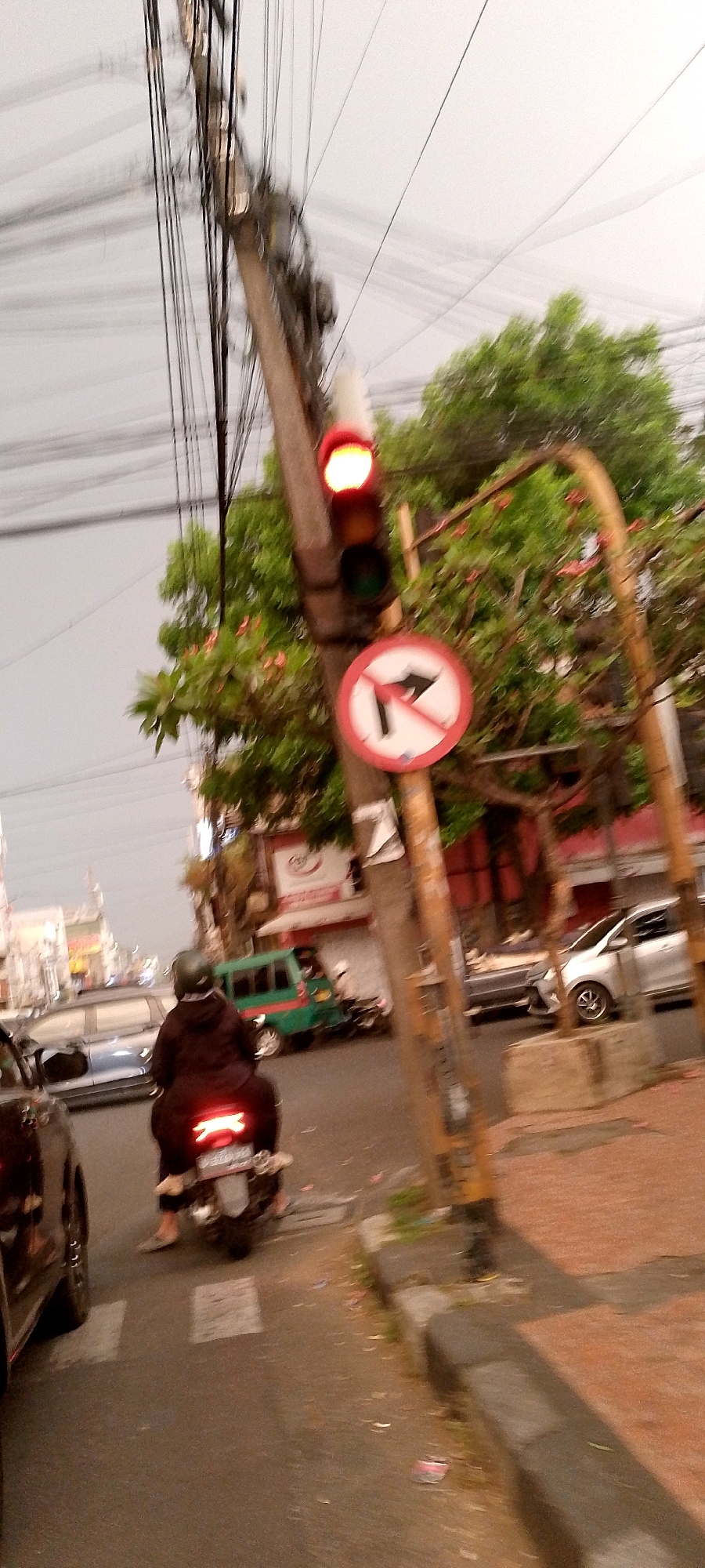 The image depicts a traffic scene in Bandung City, Indonesia, under an overcast sky. A motorcycle with a rider wearing a dark jacket and helmet is stationary on the road, with its brake lights illuminated. The motorcycle is in the foreground, partially obscured by the left side of the image. In the background, a silver car is visible to the right, and a green van is to the left of the motorcycle. Overhead, a utility pole with numerous wires is prominent, with a traffic light showing a red signal at the top. Below the traffic light is a circular traffic sign with a red border and a diagonal red bar, indicating "no right turn". Trees with green foliage and some red flowers are present behind the traffic signal pole. The road surface is asphalt, and a raised concrete curb separates it from a tiled pedestrian area. Debris is scattered along the roadside. The overall impression is of a typical urban street environment in Bandung.