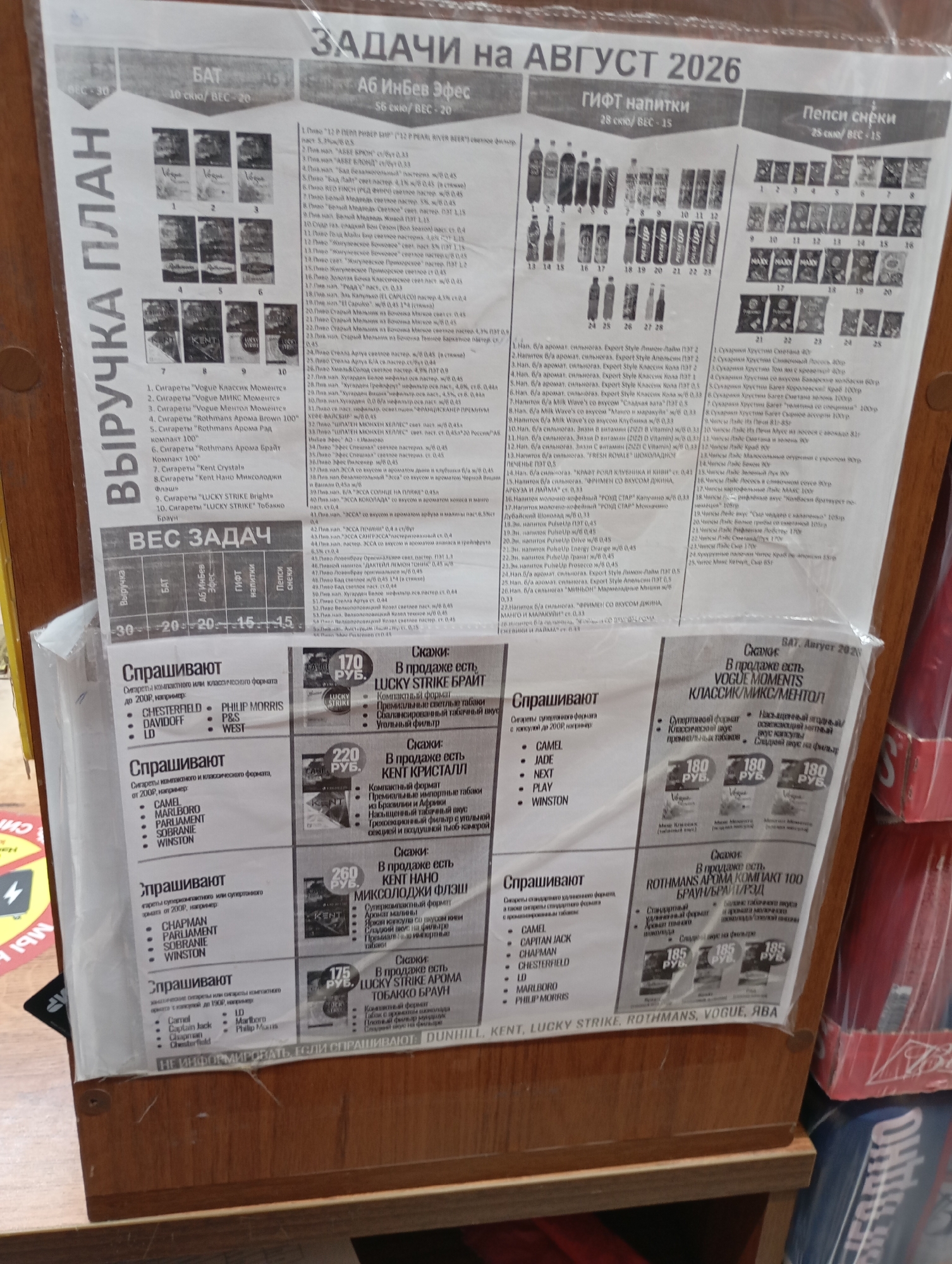 The image displays a retail display in what appears to be a convenience store or kiosk, likely located in Moscow, Russia, given the Cyrillic text. The central focus is a promotional poster titled "ЗАДАЧИ НА АВГУСТ 2026" (Tasks for August 2026). The poster is divided into sections featuring product information and pricing for cigarettes and beverages.
The upper portion of the poster lists "БАТ" (BAT) and "АБ Инбев Эфес" (AB InBev Efes), with associated product details and prices per pack or per beer. Below this, there's a section for "ПЕПСИ СНЭКИ" (Pepsi Snacks) with a numbered grid of products.
The left side of the poster is dominated by a large vertical heading "ВЫРУЧКА ПЛАН" (Revenue Plan) with a numerical scale at the bottom indicating "ВЫПУЧКА" (Revenue), "БАТ" (BAT), "АБ Инбев Эфес", "ГИФТ напитки" (Gift Drinks), "Пепси", and "Снеки", with corresponding price ranges. This section also contains lists of "Спрашивают" (Are Asking For) various cigarette brands, categorized by format.
The right side of the poster details specific cigarette brands on sale, such as "VOGUE MOMENTS", "KENT KRISTALL", "LUCKY STRIKE AROMA", "ROTHMANS AROMA", and "KENT HANO MIKSLODJKI", along with their prices in rubles. Several product images are interspersed within these sections.
The display itself appears to be constructed from cardboard and is positioned at eye level for a standing customer. The background shows shelves with various products, including bottles and packaged goods, suggesting a retail environment. The overall scene is brightly lit, typical of indoor retail lighting. There are no people visible in the frame. The image is slightly angled, capturing the poster and the immediate retail display area.