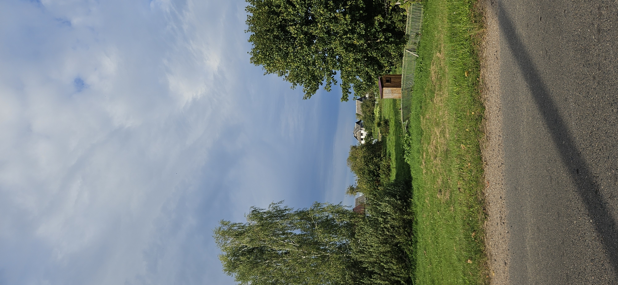 The image captures a rural landscape with a paved road in the foreground and a grassy field extending into the background. Several trees, including a tall birch tree on the left and a large leafy tree on the right, frame the scene. In the middle ground, there are a few houses, a wooden outhouse, and a fence. The sky above is partly cloudy with a mix of blue sky and white clouds, some of which appear dark and overcast. The overall impression is of a serene, natural environment on what appears to be a slightly overcast day in a rural area. The location is identified as Mazalawski Sel'ski Savet, Belarus.