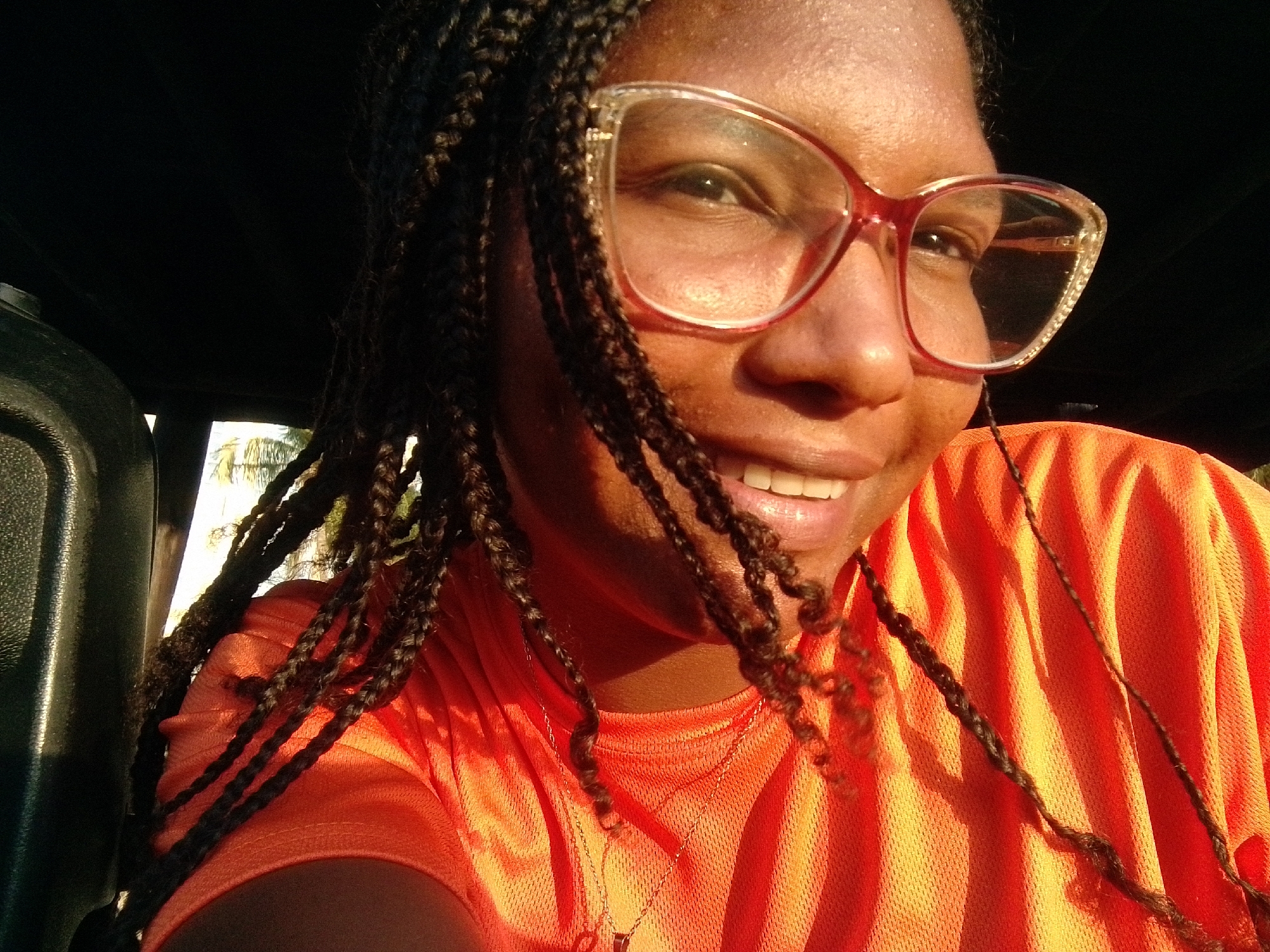 A close-up, eye-level portrait captures a person with a warm smile, likely taken in Pedro González, Venezuela. The individual has a medium-dark complexion and is wearing clear-framed glasses with reddish-orange temples. Their dark, braided hair falls around their face and shoulders. They are wearing a bright orange, possibly mesh-textured, short-sleeved shirt, and a delicate chain necklace with a small pendant is visible at their collarbone.
Strong, golden sunlight bathes the right side of their face, hair, and shirt, creating bright highlights and a radiant glow, suggesting it is either early morning or late afternoon. The left side of their face is more shaded. The person is smiling broadly, showing their white teeth, and appears relaxed and happy as they look slightly to the right of the camera.
The background is partially dark, possibly indicating the interior of a vehicle or a shaded area. Hints of brighter, out-of-focus outdoor greenery, resembling palm leaves, are visible in the upper and lower left sections of the frame, suggesting an open-air or tropical environment. There is no visible text in the image.