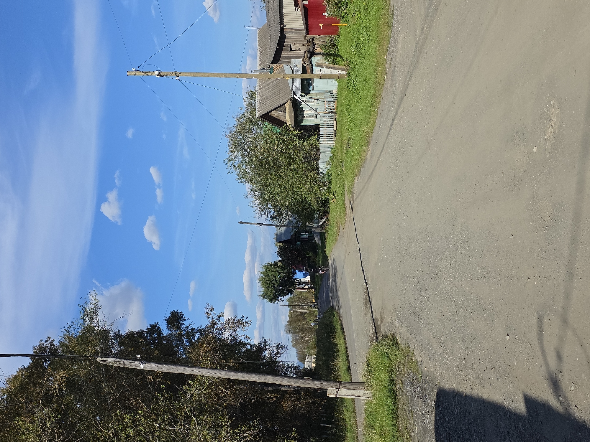 An eye-level, medium shot captures a dirt road curving through a rural village under a bright blue sky dotted with white clouds. On the left, a weathered wooden utility pole stands tall beside a dense cluster of trees. The road stretches ahead, leading towards a line of modest wooden houses and outbuildings on the right. A pale blue house with a white picket fence is prominently featured, adjacent to a darker wooden structure. A bright red fence section is visible further down. Green grass lines the sides of the road, and in the distance, trees and vegetation create a natural backdrop. A person on a bicycle is visible in the middle ground, cycling away from the camera down the road. The scene suggests a sunny day in a quiet, possibly remote, settlement. This image does not depict the city of Magnitka, Russia.
