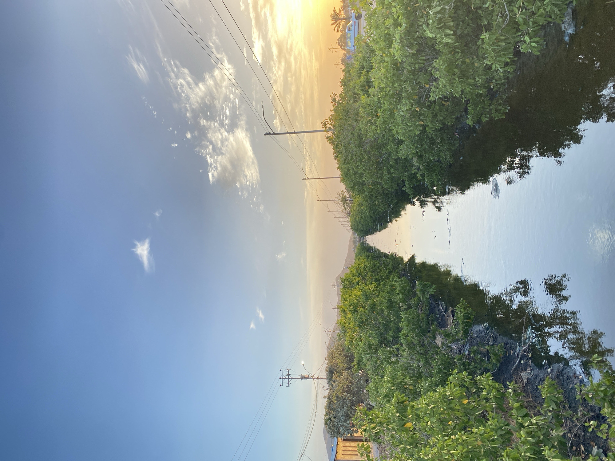 The image depicts a waterway flanked by dense, green vegetation in Juan Griego, Venezuela. Overhead power lines stretch along a row of utility poles that recede into the distance. The sky transitions from a clear blue to a pale yellow-orange near the horizon, hinting at either sunrise or sunset. The calm water surface reflects the sky and the foliage, creating a mirror image effect. A few buildings and a palm tree are visible in the background.