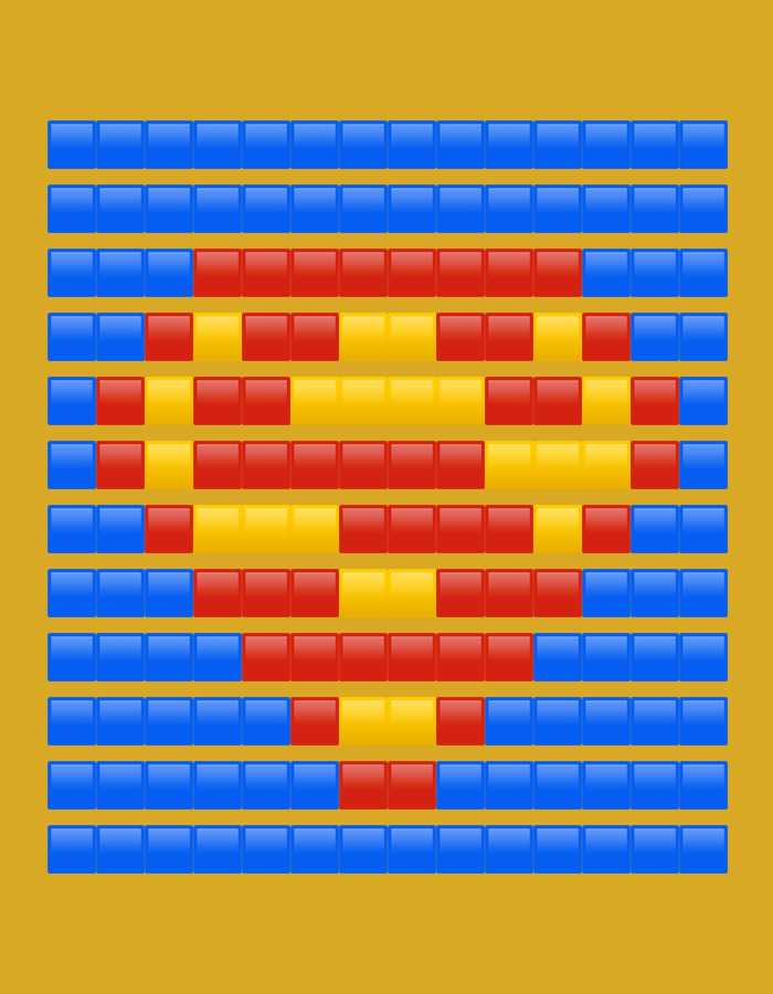 The image features a grid of glossy, rectangular blocks set against a solid mustard-yellow background. The grid is composed of 13 rows and 15 columns of blocks. The blocks are predominantly blue, with a central emblem or pattern formed by red and yellow blocks.
The top two rows and the bottommost row are solid blue. The central design, created by the red and yellow blocks, forms a stylized, somewhat pointed shape resembling a shield or an inverted heart, tapering towards the bottom.
Specifically, from top to bottom:
* Rows 1-2 are entirely blue.
* Row 3 consists of 3 blue blocks, 9 red blocks, then 3 blue blocks.
* Rows 4-7 display a more intricate mix of blue, red, and yellow blocks, forming horizontal stripes and elements. These rows generally have blue blocks on the ends, framing alternating red and yellow blocks in the center. For example, Row 4 shows 2 blue, 2 red, 2 yellow, 3 red, 2 yellow, 2 red, 2 blue.
* Row 8 is identical to Row 3, with 3 blue, 9 red, then 3 blue.
* Rows 9-11 show a progressively shorter central red stripe flanked by blue blocks, narrowing from 7 red blocks to 3 red blocks.
* Row 12 features 6 blue blocks, 1 red block, 1 yellow block, 1 red block, then 6 blue blocks.
* Row 13 is entirely blue.
The overall design resembles a pixel art representation of a flag or coat of arms. There are no people, visible activities, or text. The image is static and abstract, composed purely of colored blocks.