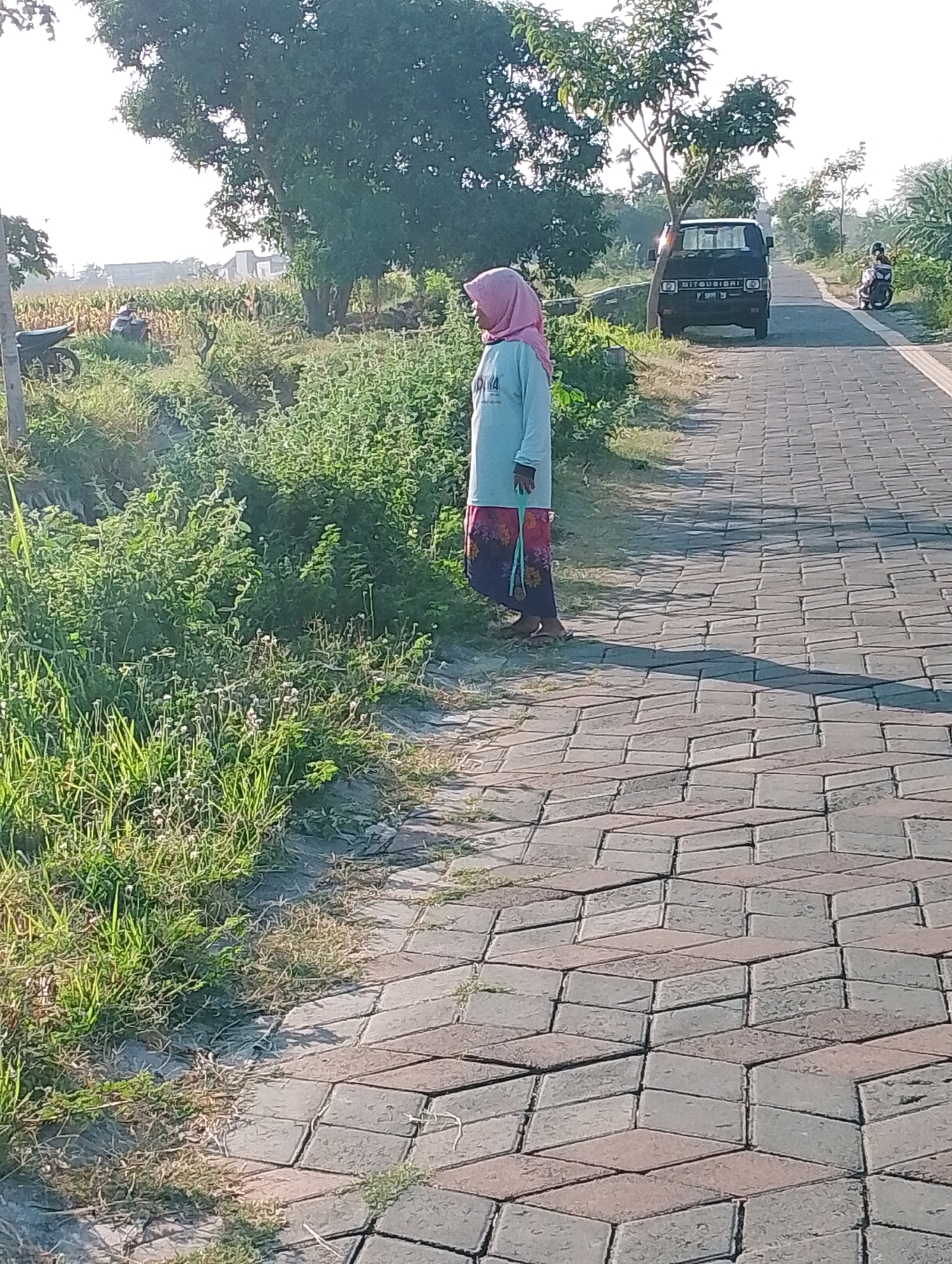 A person wearing a pink headscarf and a light blue long-sleeved shirt stands on the side of a paved road. The person also wears a patterned skirt and appears to be wearing flip-flops. The road is made of interlocking grey and brown pavers. To the left of the road, there is a grassy area with some vegetation and a shadow cast on the pavers. In the background, there is a black Mitsubishi pickup truck parked on the side of the road, and a motorcycle with a rider is visible further down the road. Trees and foliage are present throughout the scene, suggesting a rural or semi-rural environment. The sky is bright, indicating it is daytime. The scene is set in the city of Probolinggo, Indonesia.