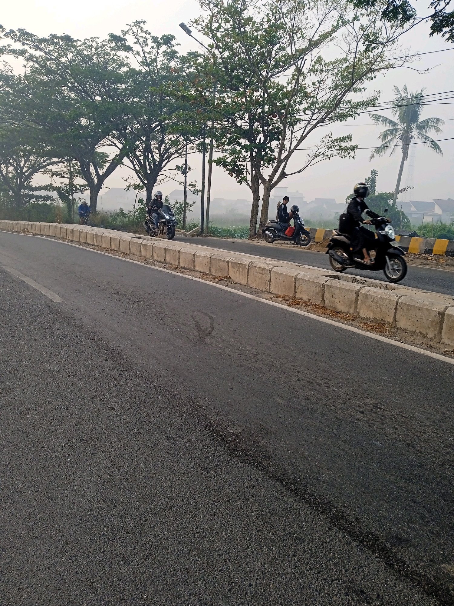 The image depicts a road in Banjarmasin, Indonesia, likely in the early morning due to the hazy sky and muted light. The foreground is dominated by an asphalt road with a white lane marking. To the right, a concrete barrier separates the road from a grassy embankment. Several motorbikes are visible on the road. On the right side of the road, a person wearing a helmet and dark clothing is riding a black motorbike. Further back, on the left side of the road, two motorbikes are parked. One is black, with two people wearing helmets and dark clothing on it. Another person on a bicycle, wearing a blue jacket, is visible further down the road, to the left. The background features a line of trees, some of which are tall and leafy, and a distant, hazy view of residential buildings. A single palm tree is visible on the far right, along with utility poles and wires. The overall impression is a typical street scene in a tropical urban environment.