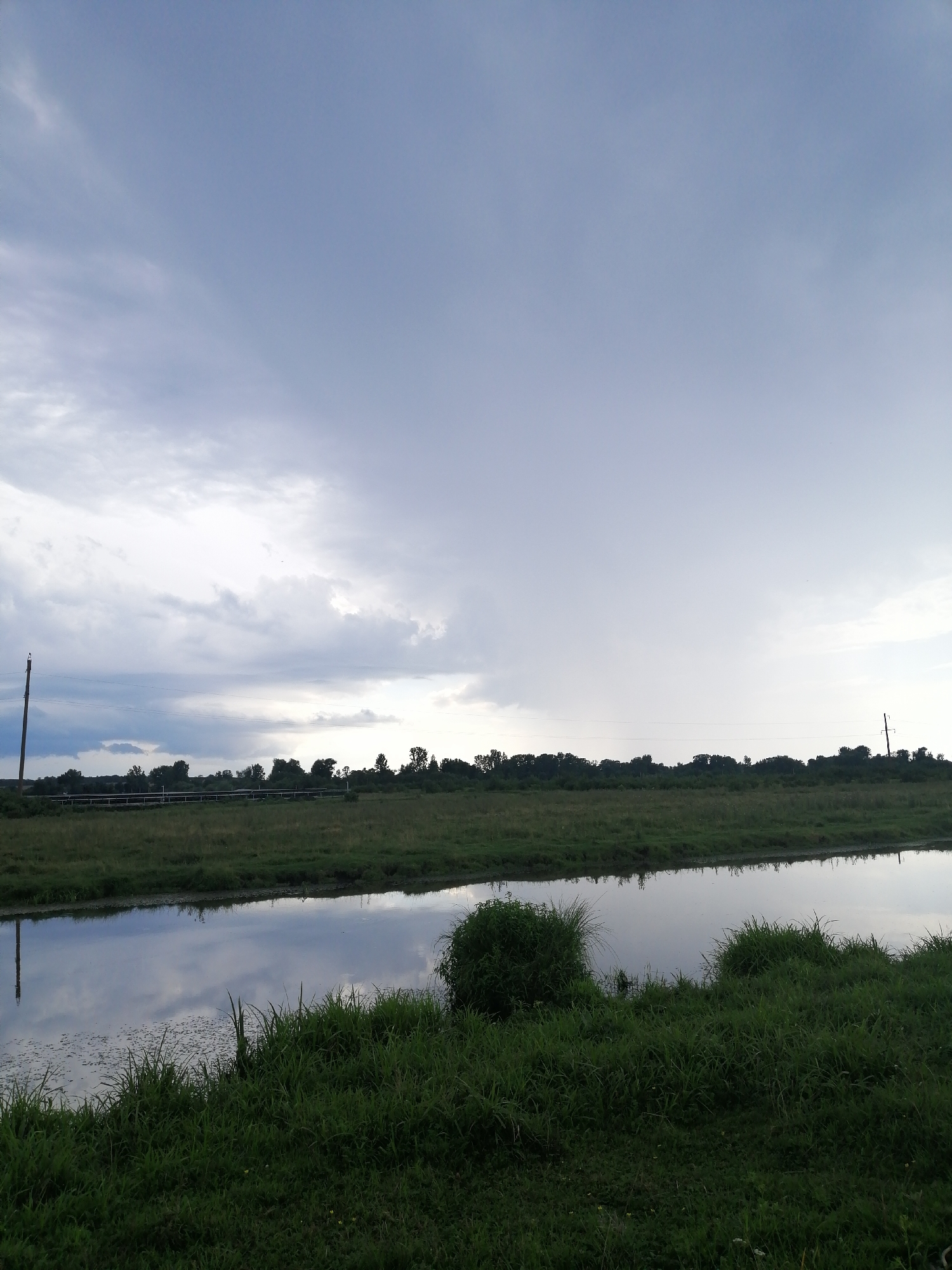 The image depicts a tranquil natural scene, likely captured at dusk or on an overcast day, in Krasnoluka, Ukraine. The foreground is dominated by a body of water, reflecting the cloudy sky and the lush green vegetation that lines its banks. Tall grasses and reeds grow densely along the water's edge, creating a vibrant border. In the middle ground, a flat, grassy field stretches out, bordered by a low fence or railing. Beyond the field, a line of trees forms a dark silhouette against the horizon. The sky is filled with dramatic, heavy clouds, suggesting the possibility of rain or recent weather activity. A solitary utility pole stands to the left of the frame, and power lines are faintly visible stretching across the landscape. No people or animals are present in the image.